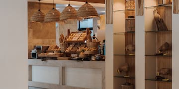 a display of bread and bread in a bakery