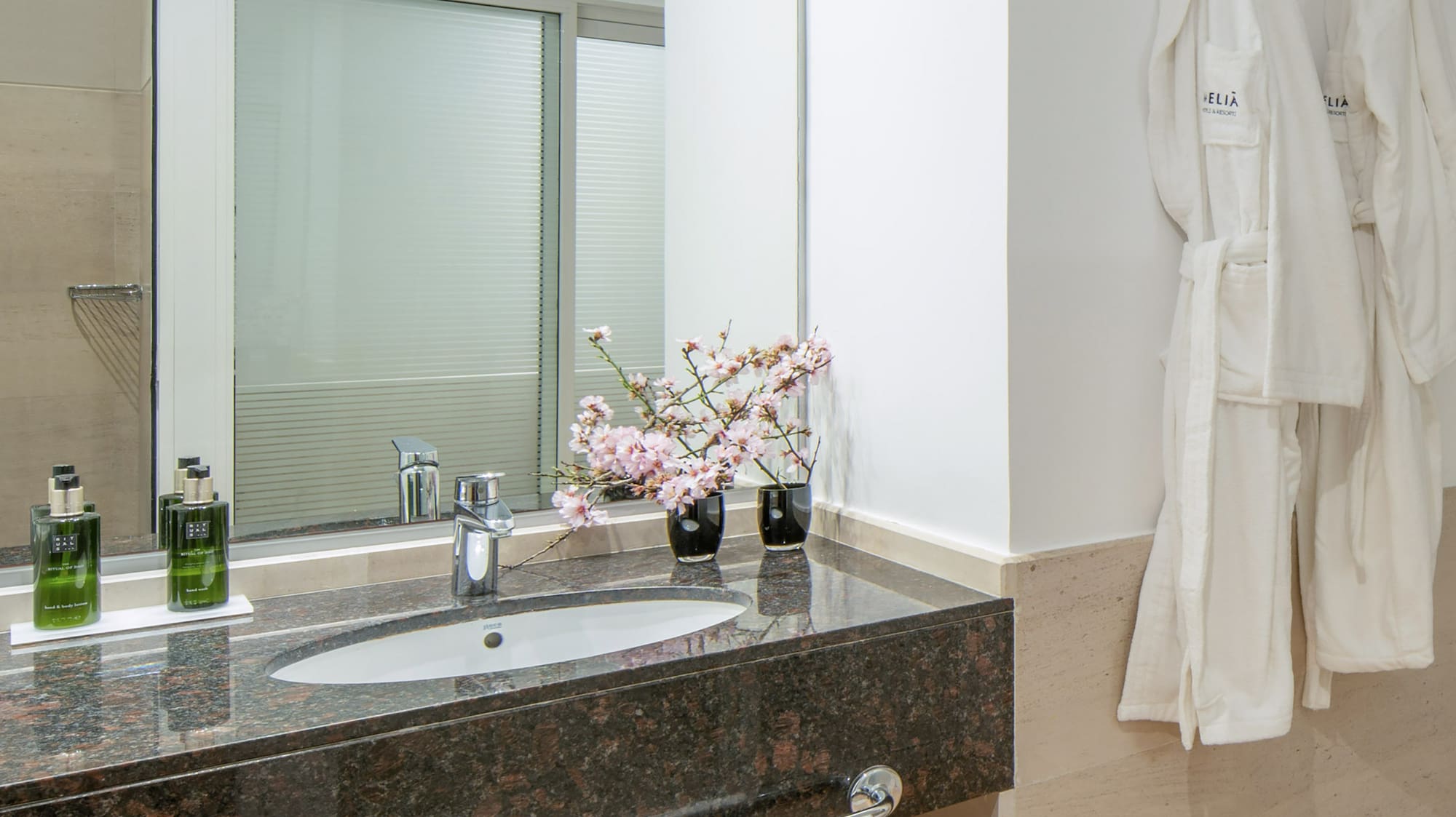 a bathroom with a sink and towels on the wall