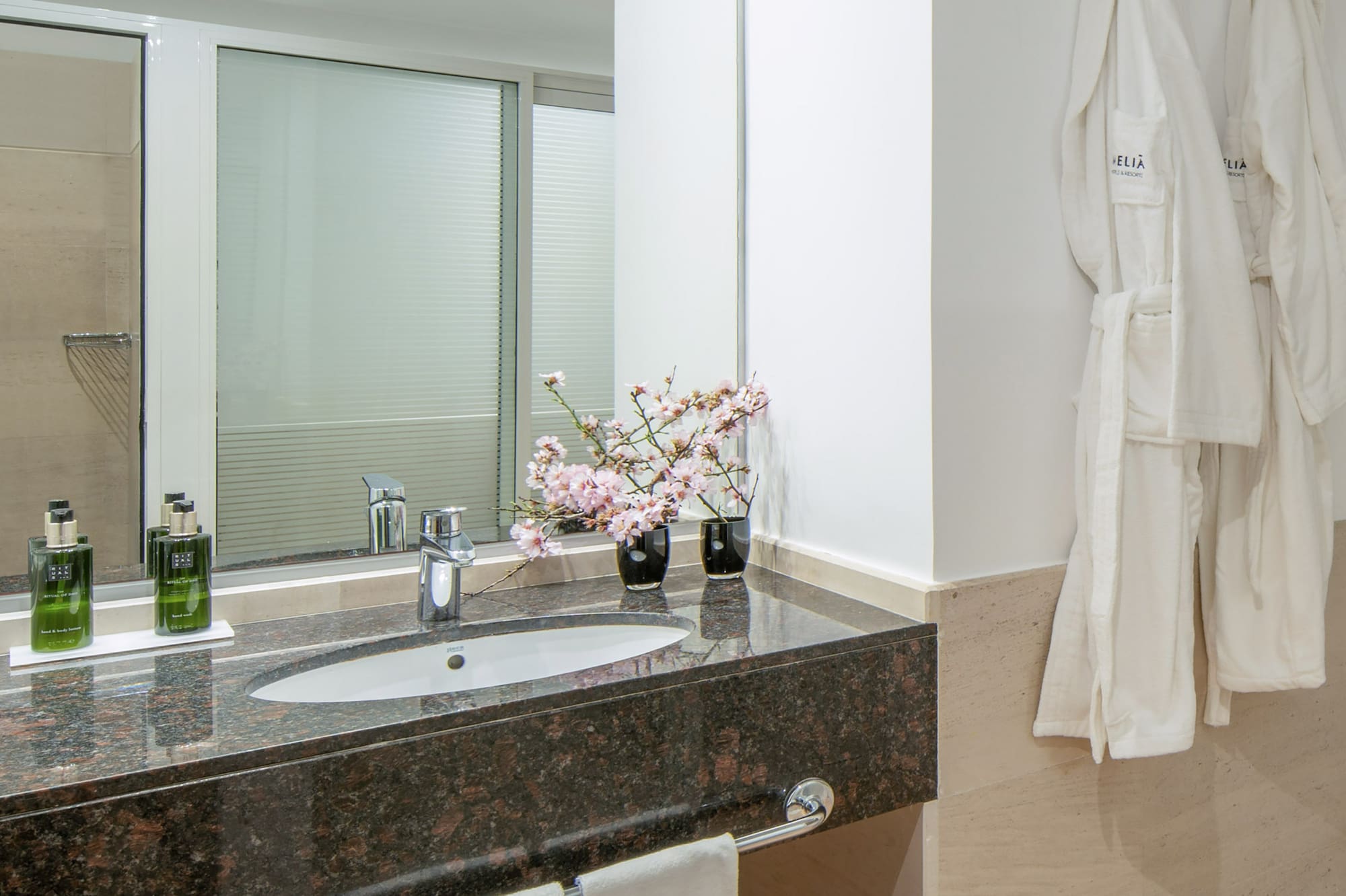 a bathroom with a sink and towels on the wall