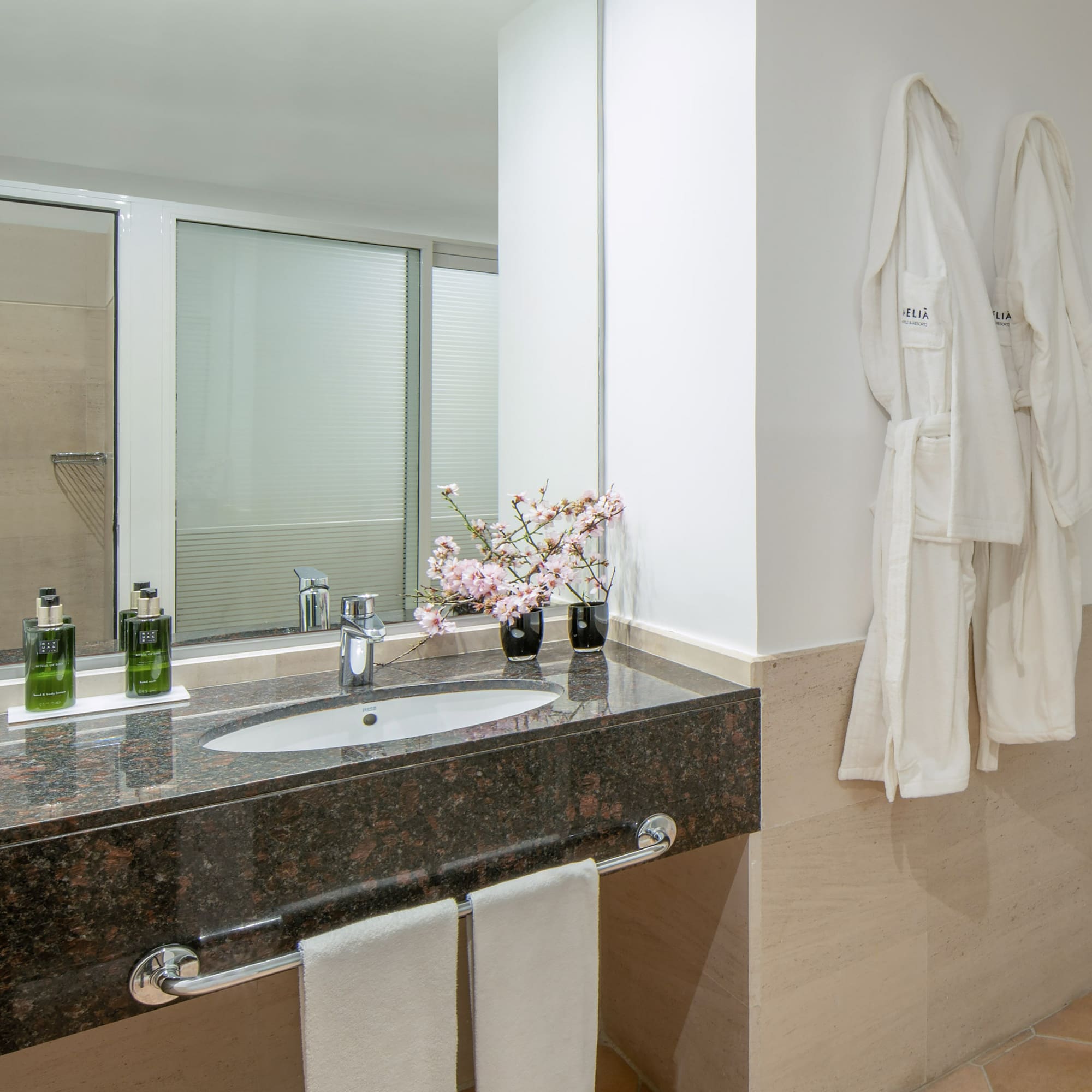 a bathroom with a sink and towels on the wall