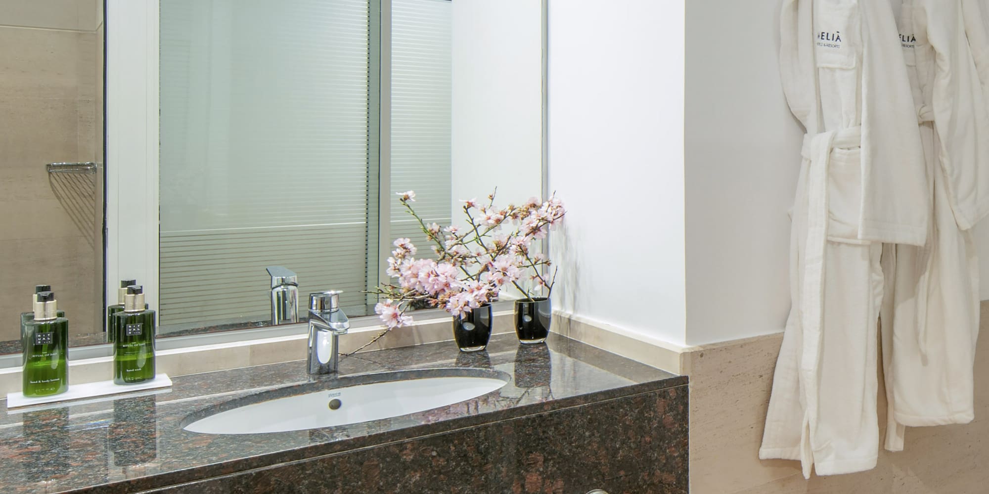 a bathroom with a sink and towels on the wall