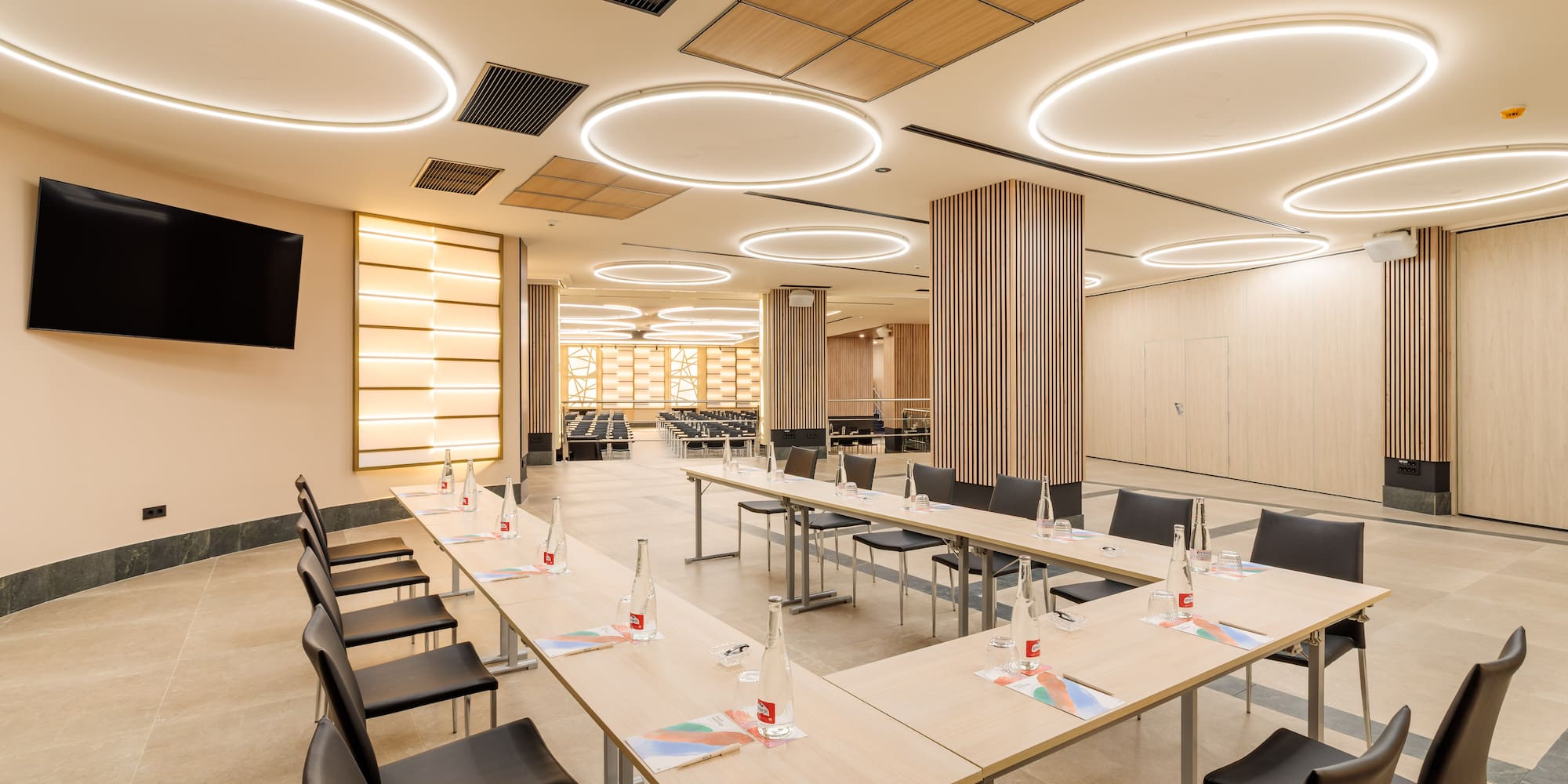 a room with tables and chairs