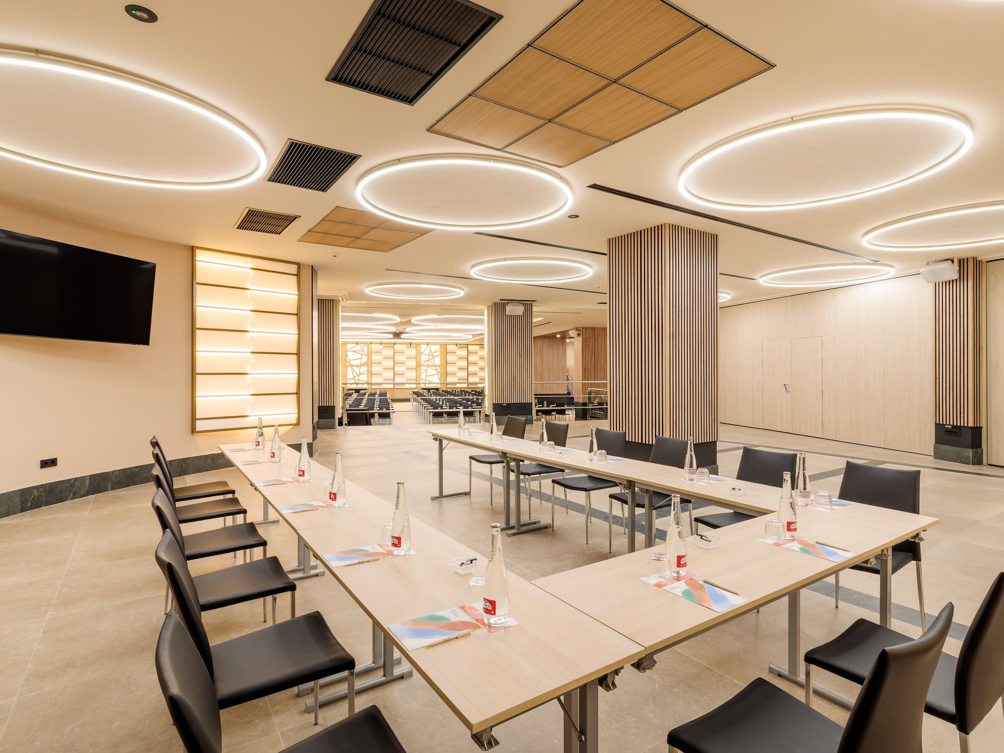 a room with tables and chairs