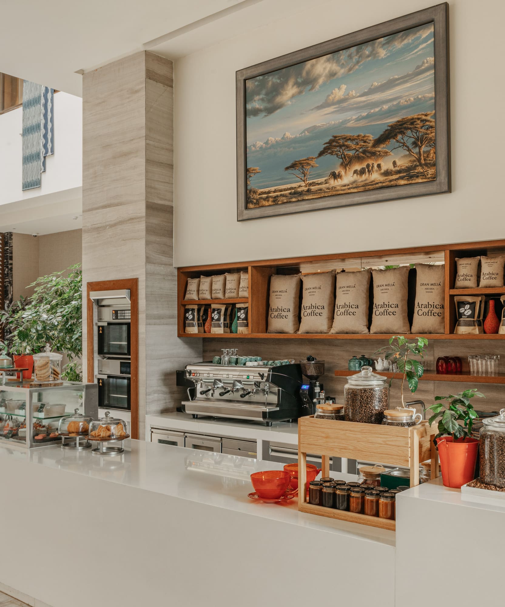a counter with coffee beans and coffee beans on it