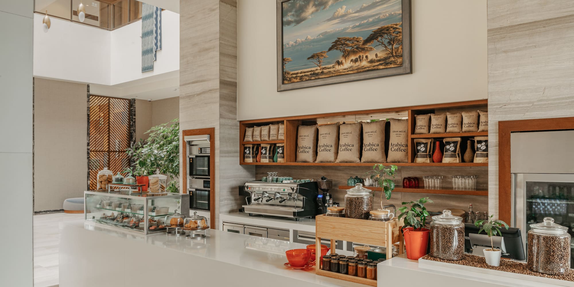 a counter with coffee beans and coffee beans on it