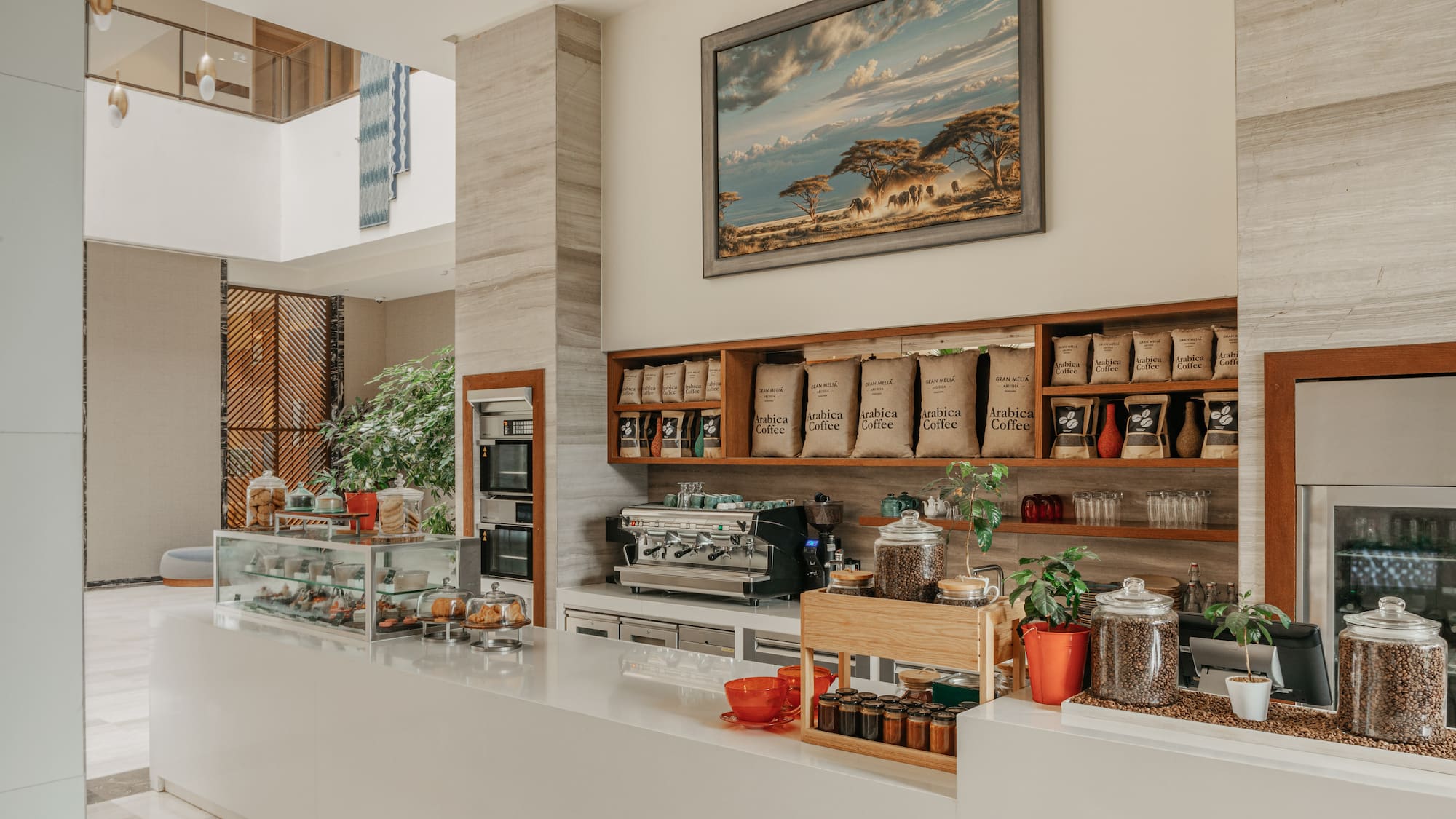 a counter with coffee beans and coffee beans on it