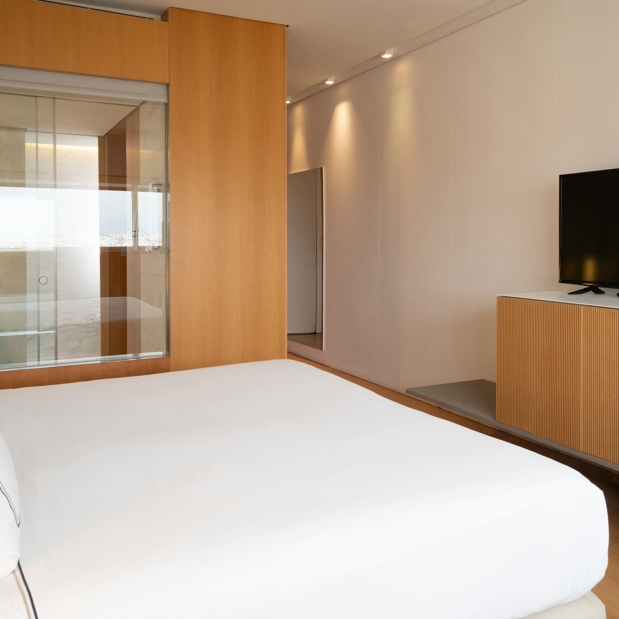 a room with a bed and a television