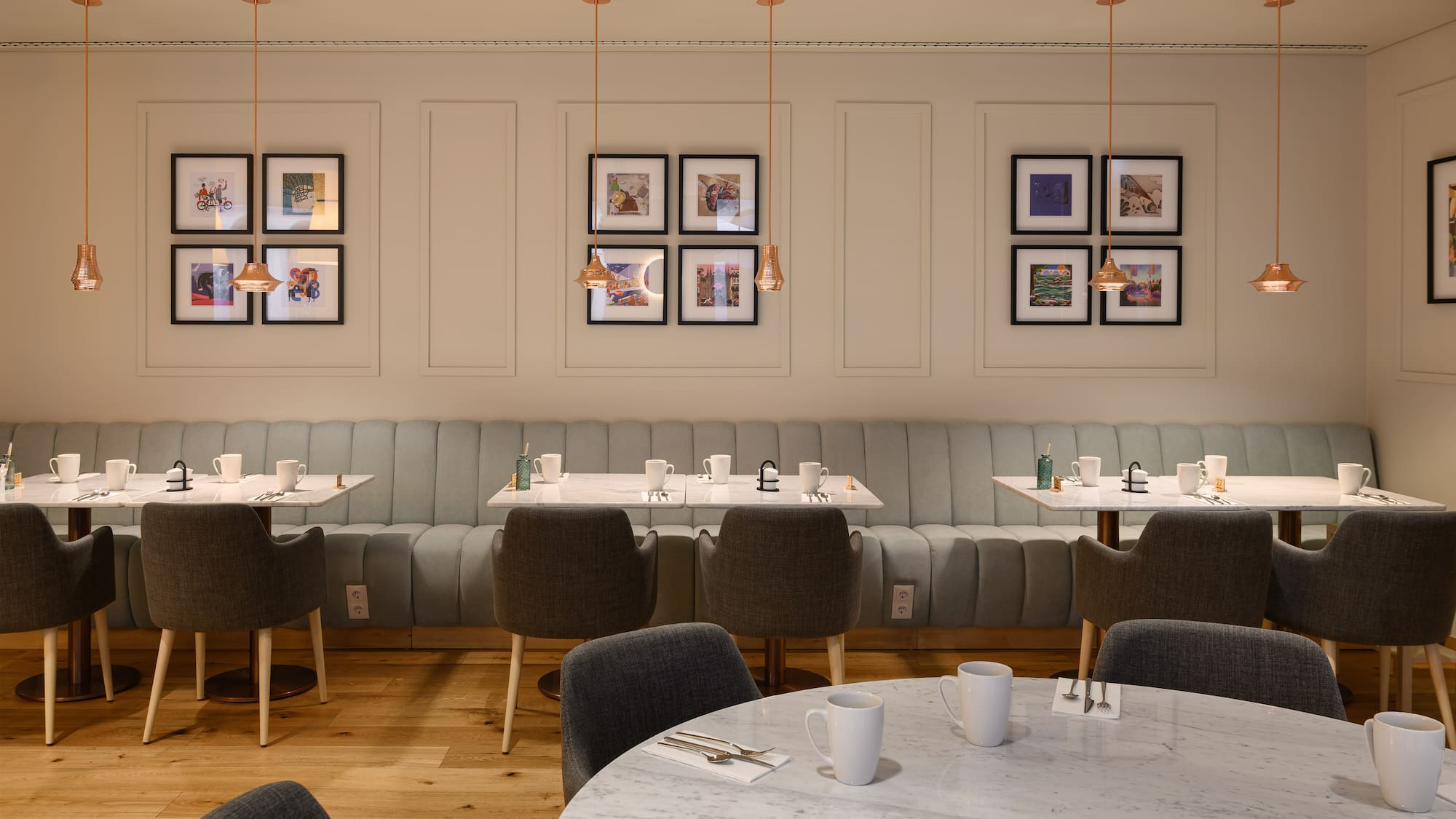 a room with tables and chairs