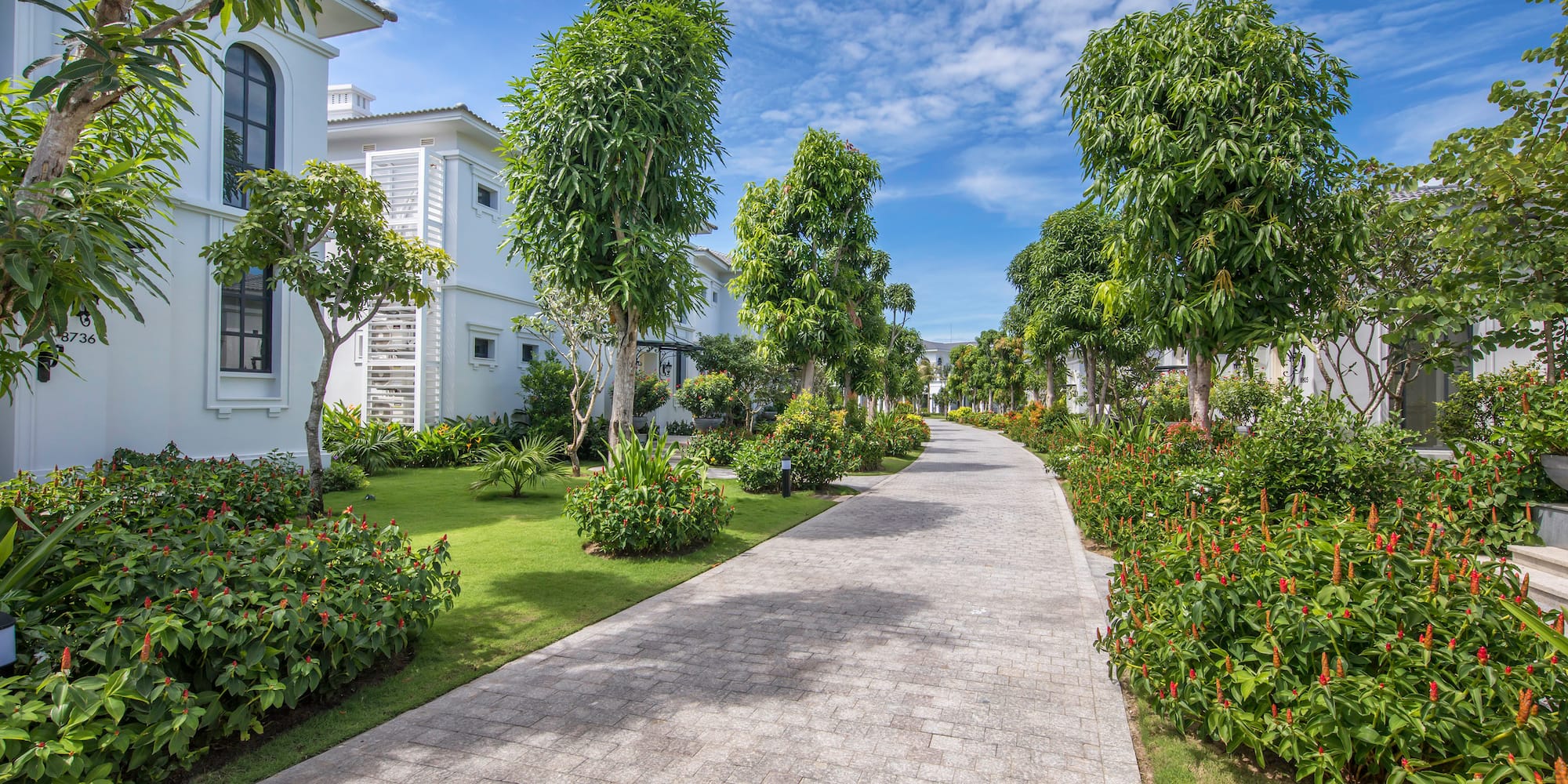 a walkway with trees and bushes in front of a building