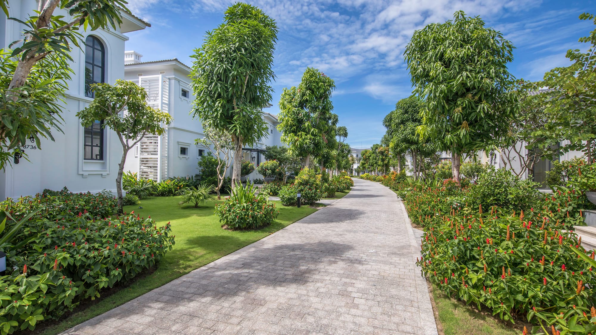 a walkway with trees and bushes in front of a building