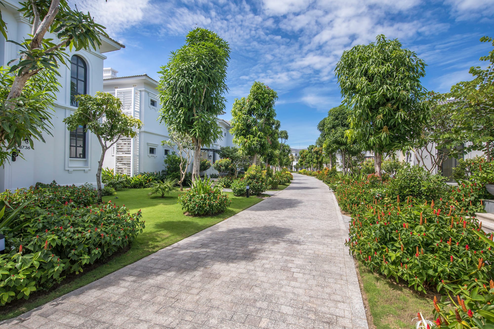 a walkway with trees and bushes in front of a building