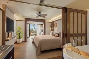 a bedroom with a television and a bathtub