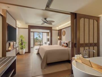 a bedroom with a television and a bathtub