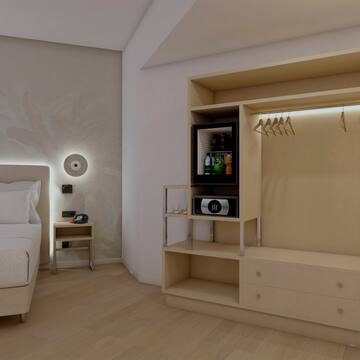 a room with a bed and a closet