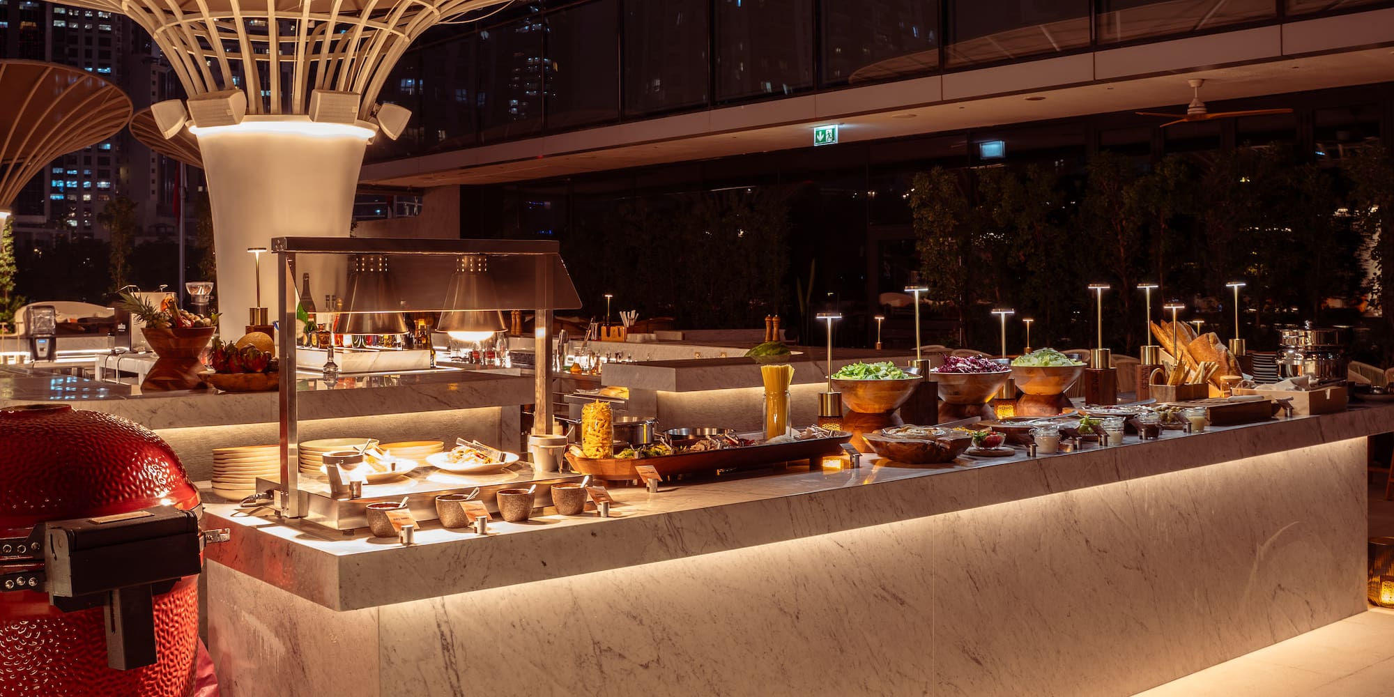 a buffet table with food on it