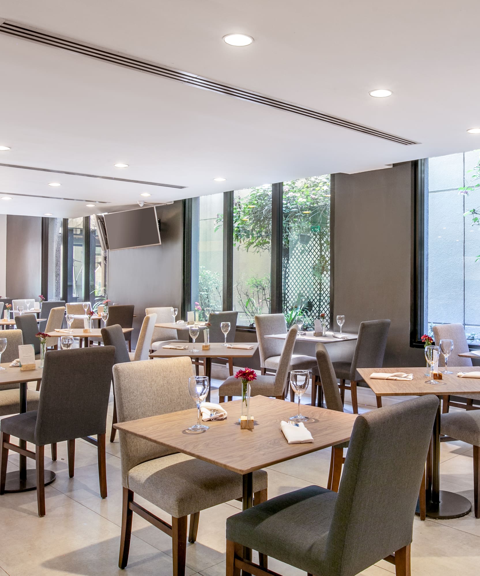 a ceiling with lights and a window