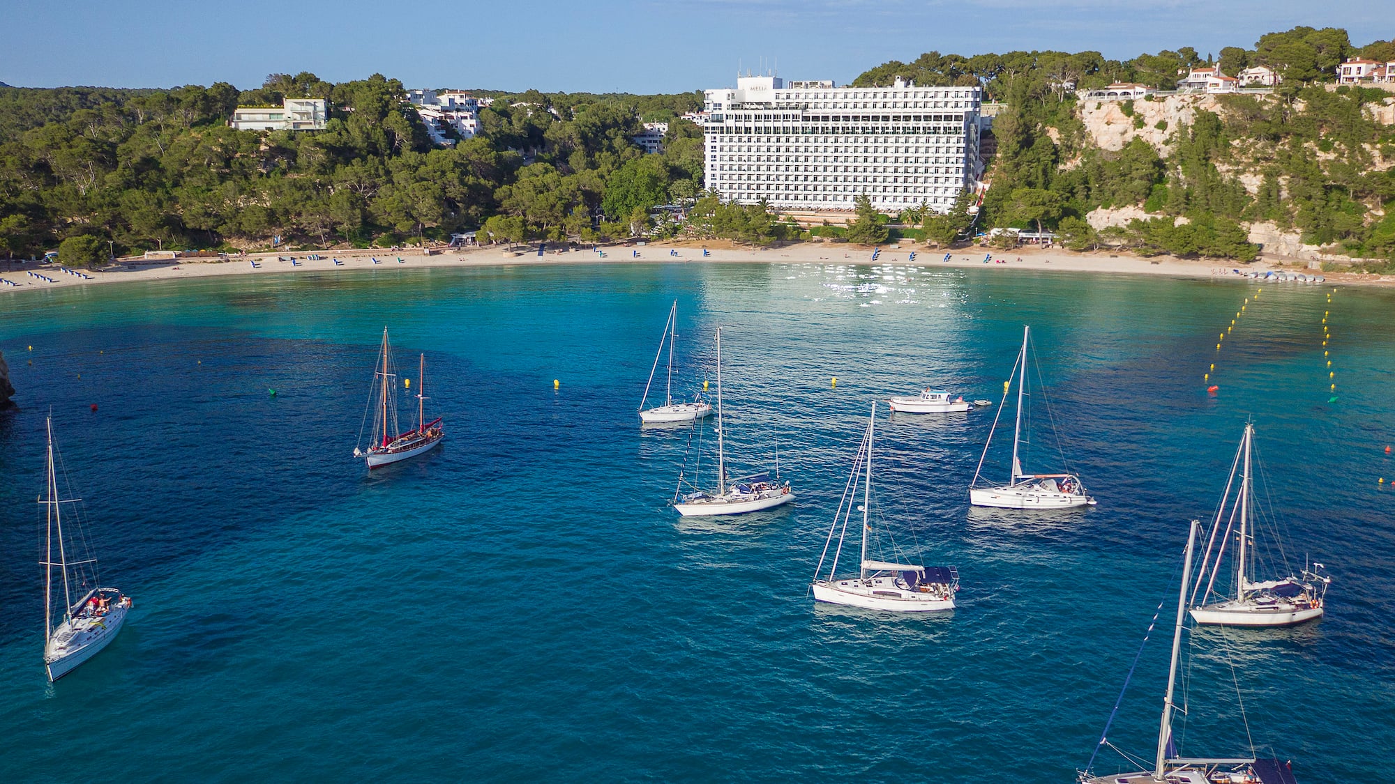 a group of sailboats in a bay