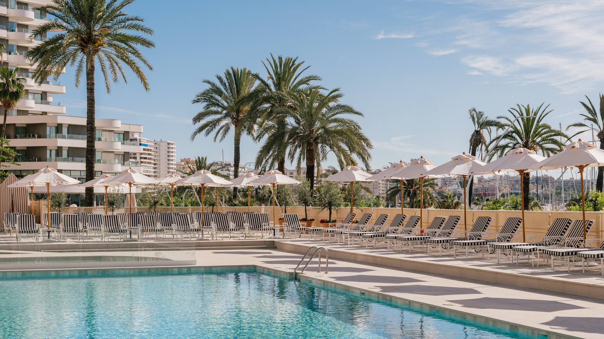 a pool with umbrellas and chairs