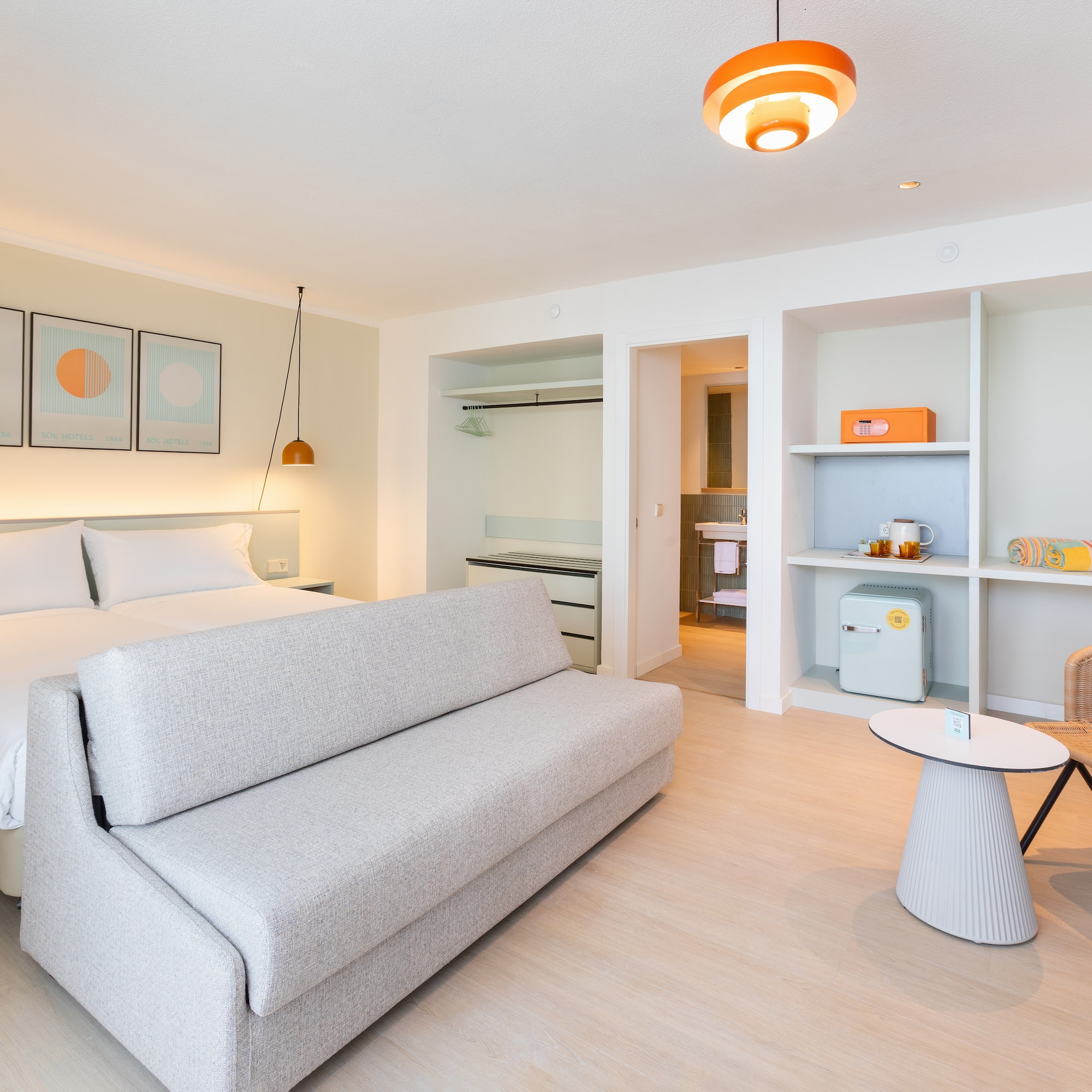 a room with a bed and a table