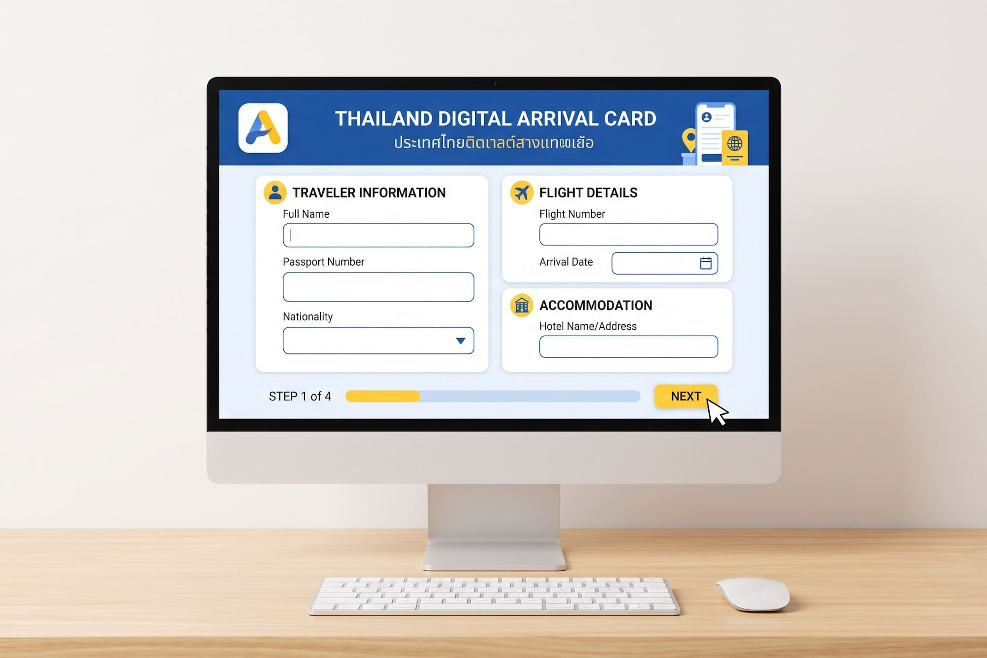 Thailand Digital Arrival Card e-form on computer screen with traveler info.