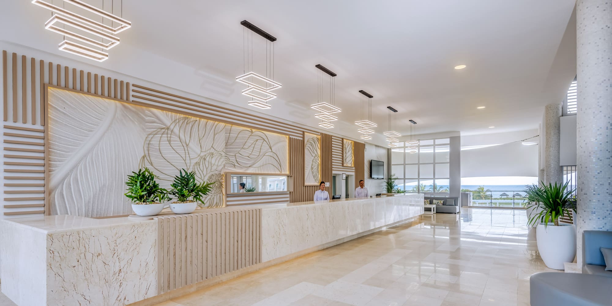 a reception desk in a hotel