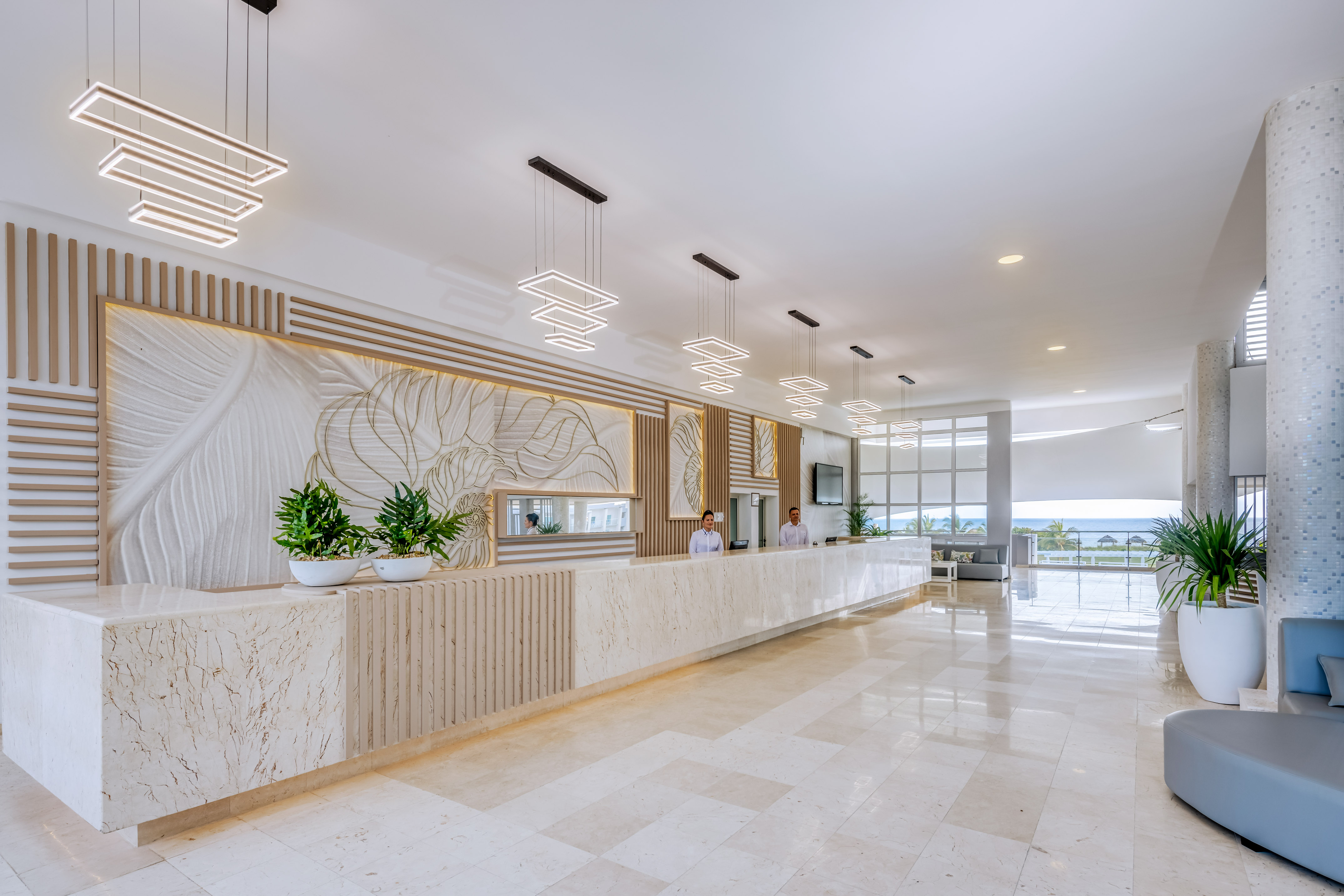 a reception desk in a hotel