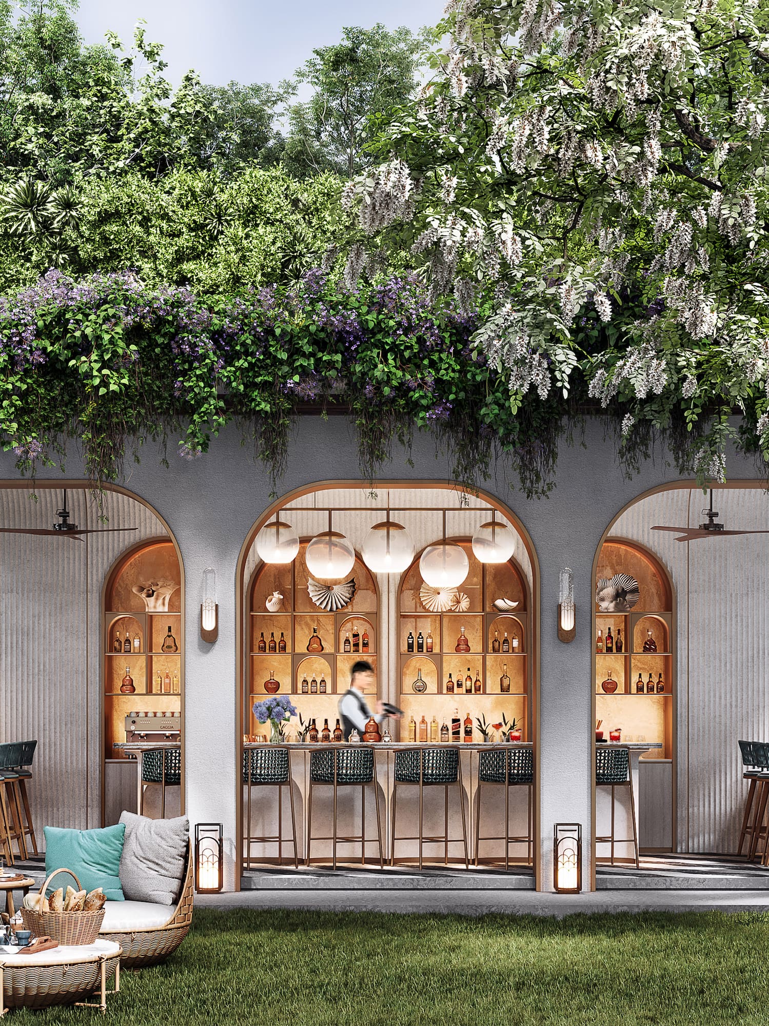 a building with a bar and a table and chairs