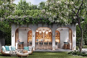 a building with a bar and a table and chairs