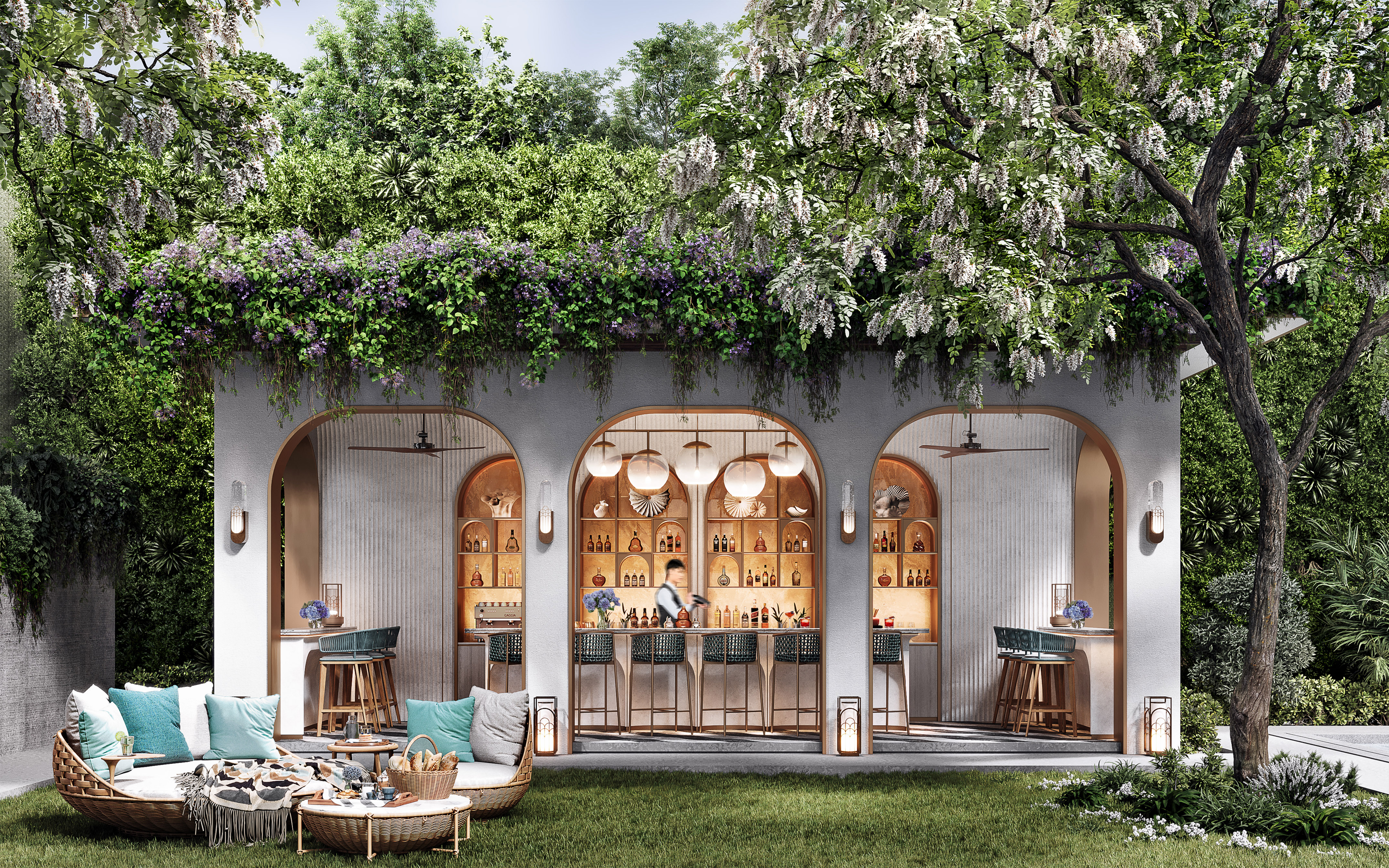 a building with a bar and a table and chairs
