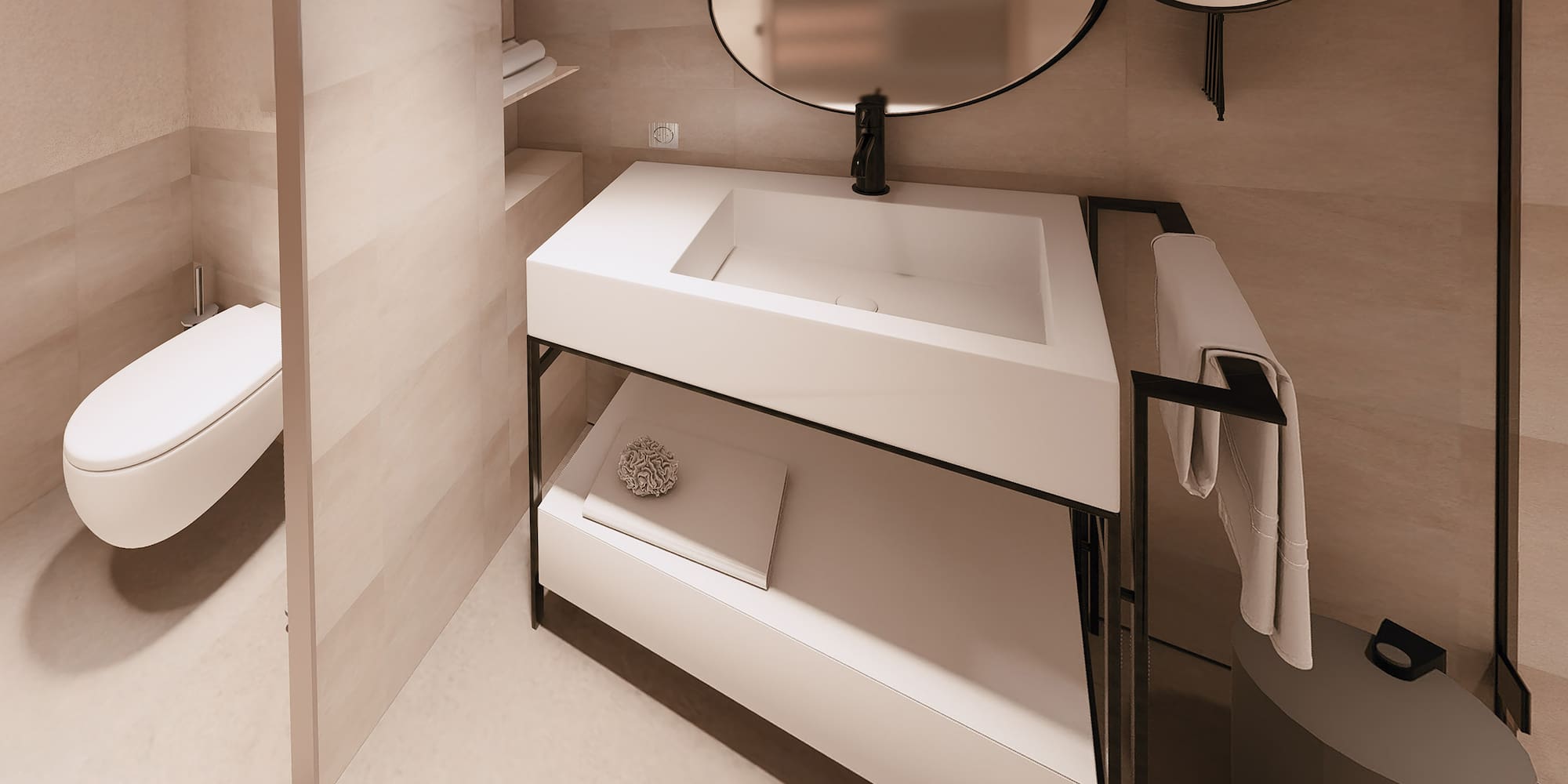 a bathroom with a sink and a round mirror