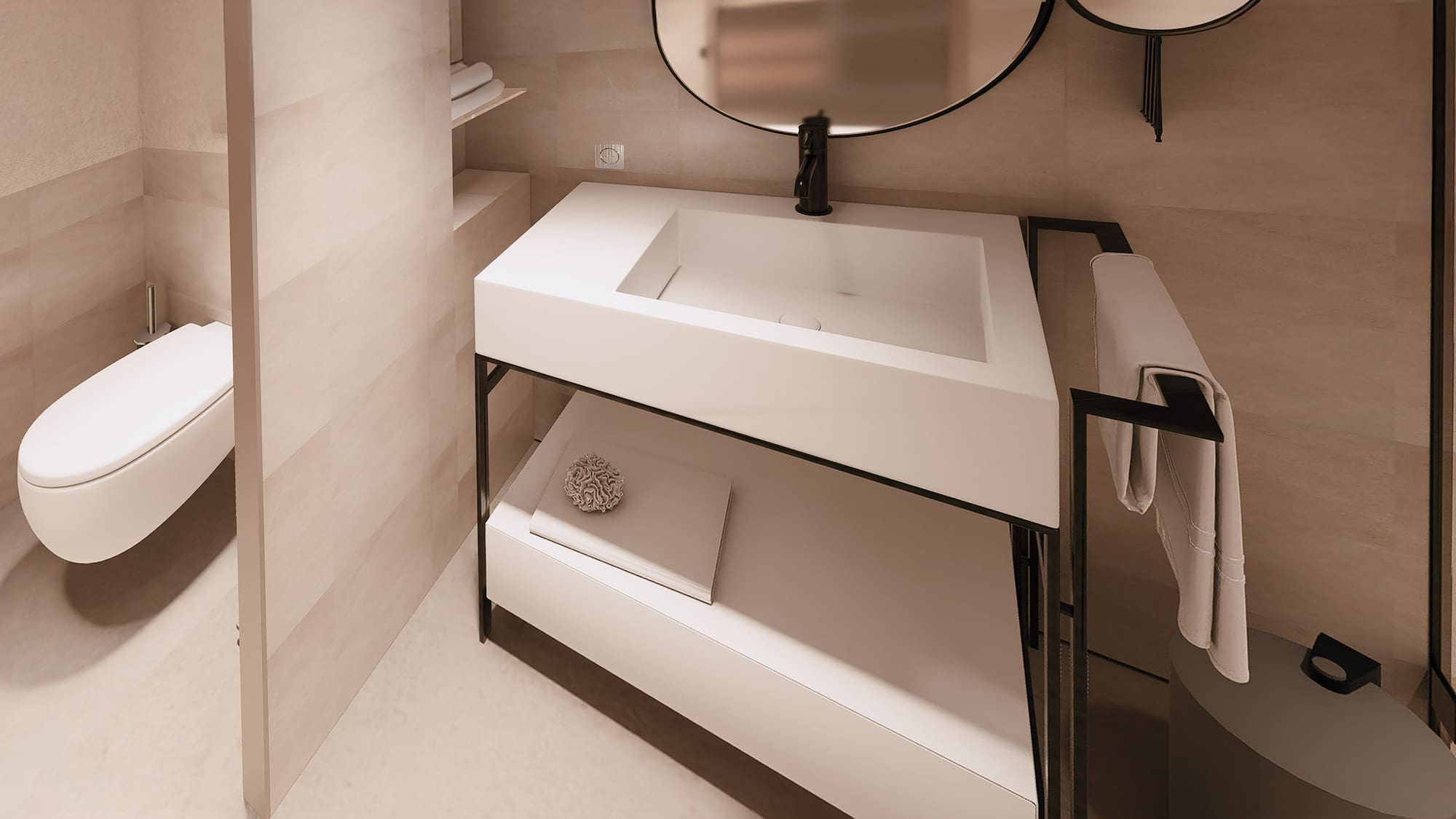a bathroom with a sink and a round mirror