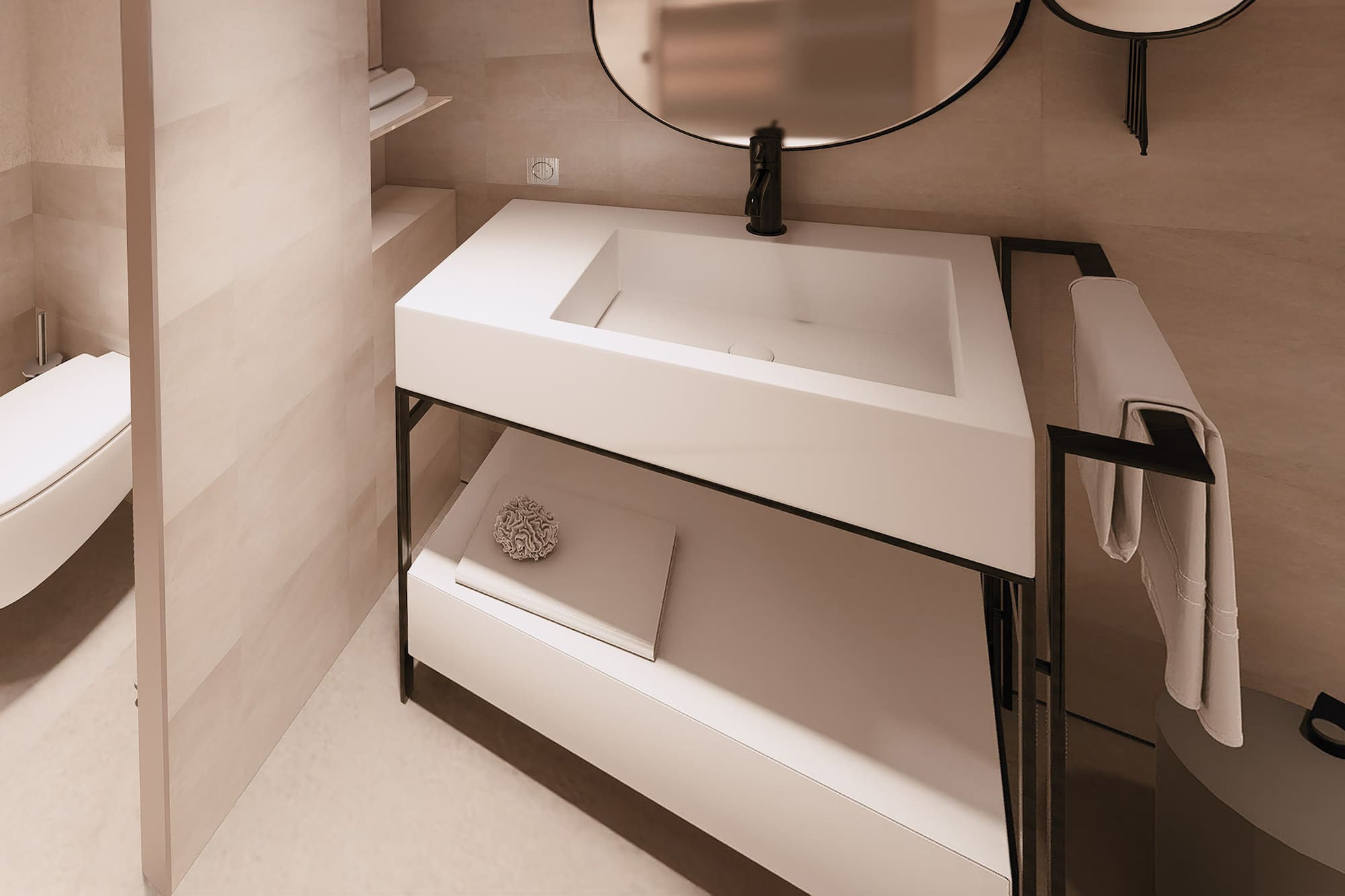 a bathroom with a sink and a round mirror