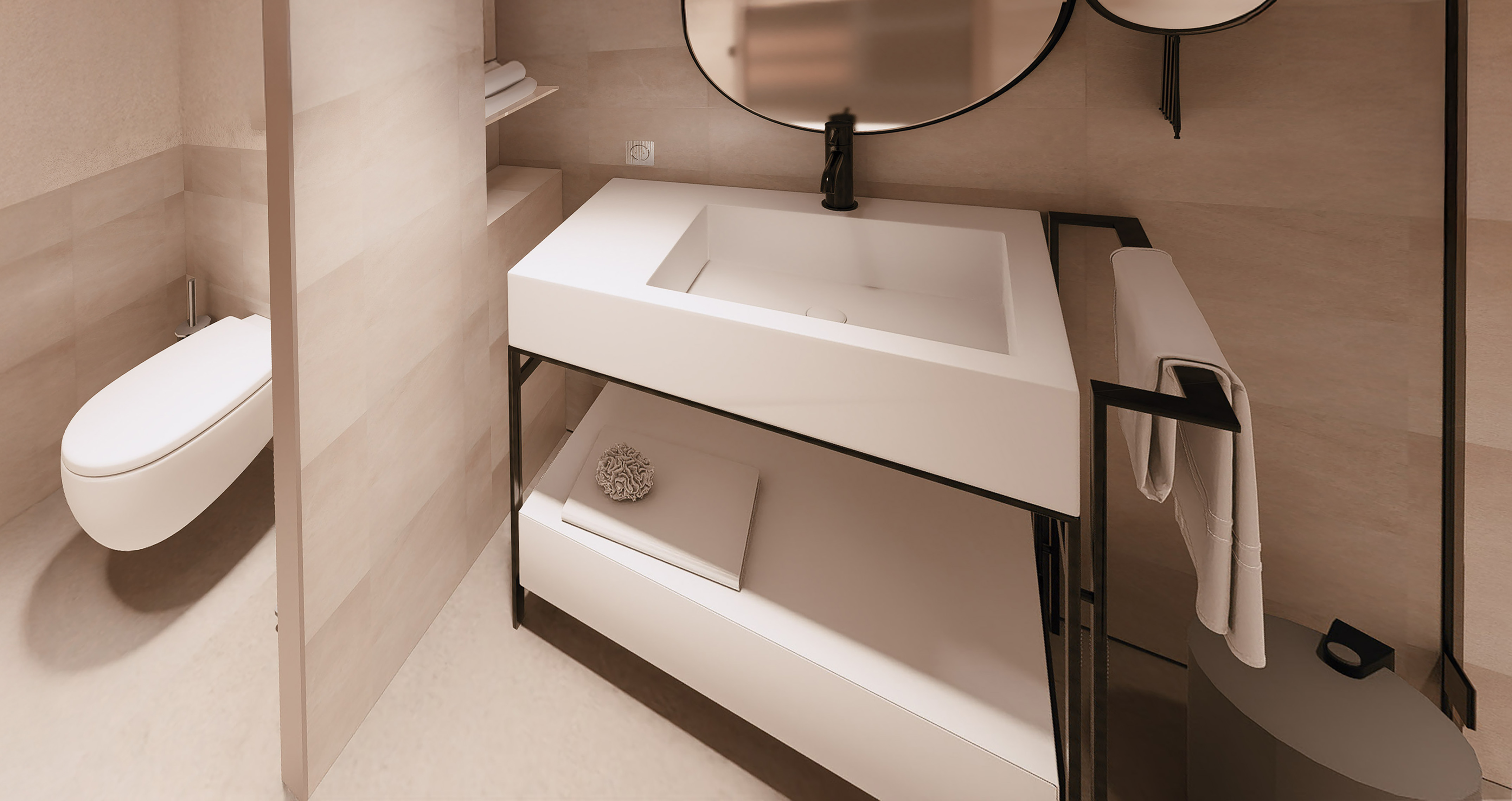 a bathroom with a sink and a round mirror