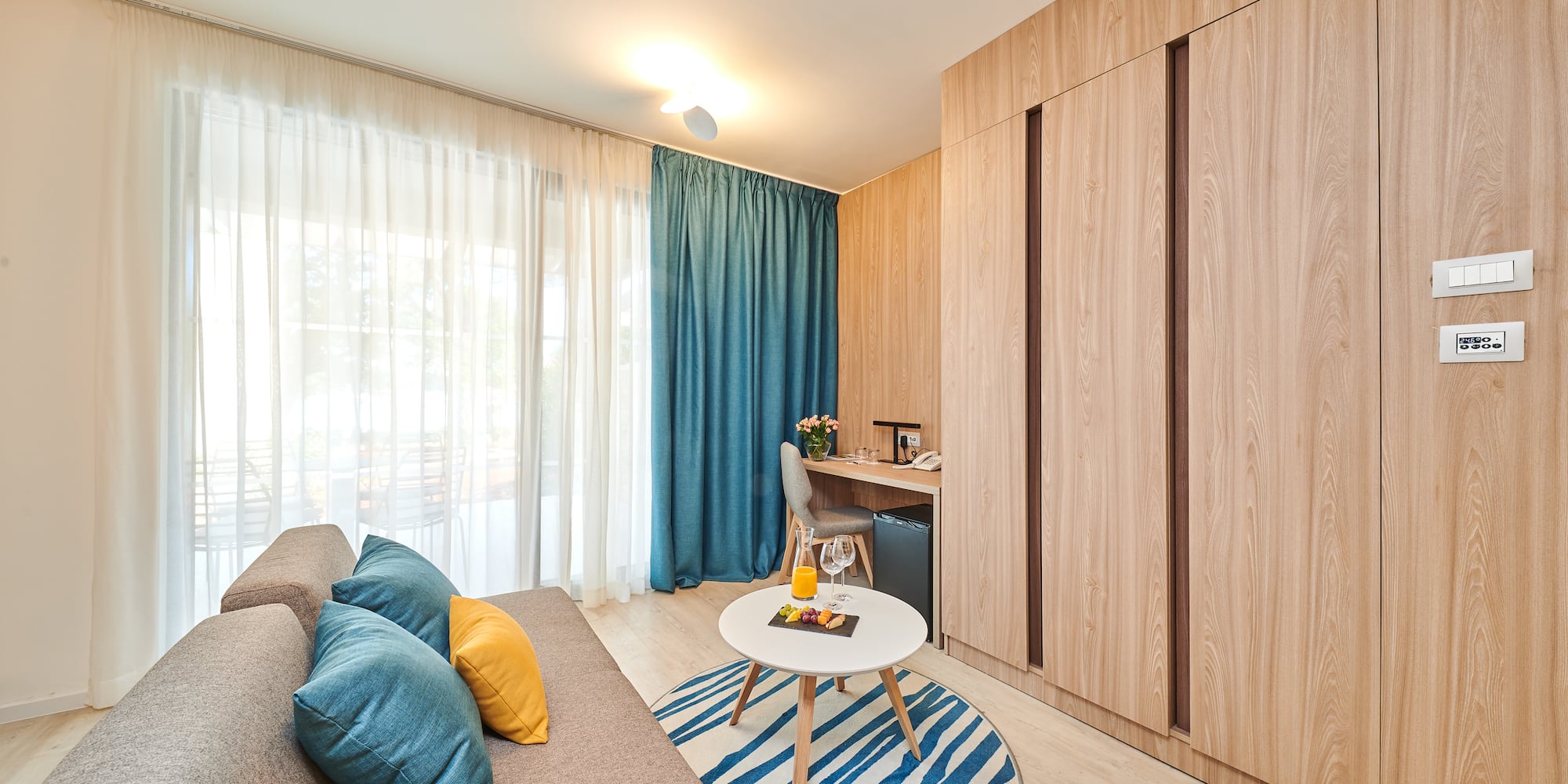 a room with a couch and a table