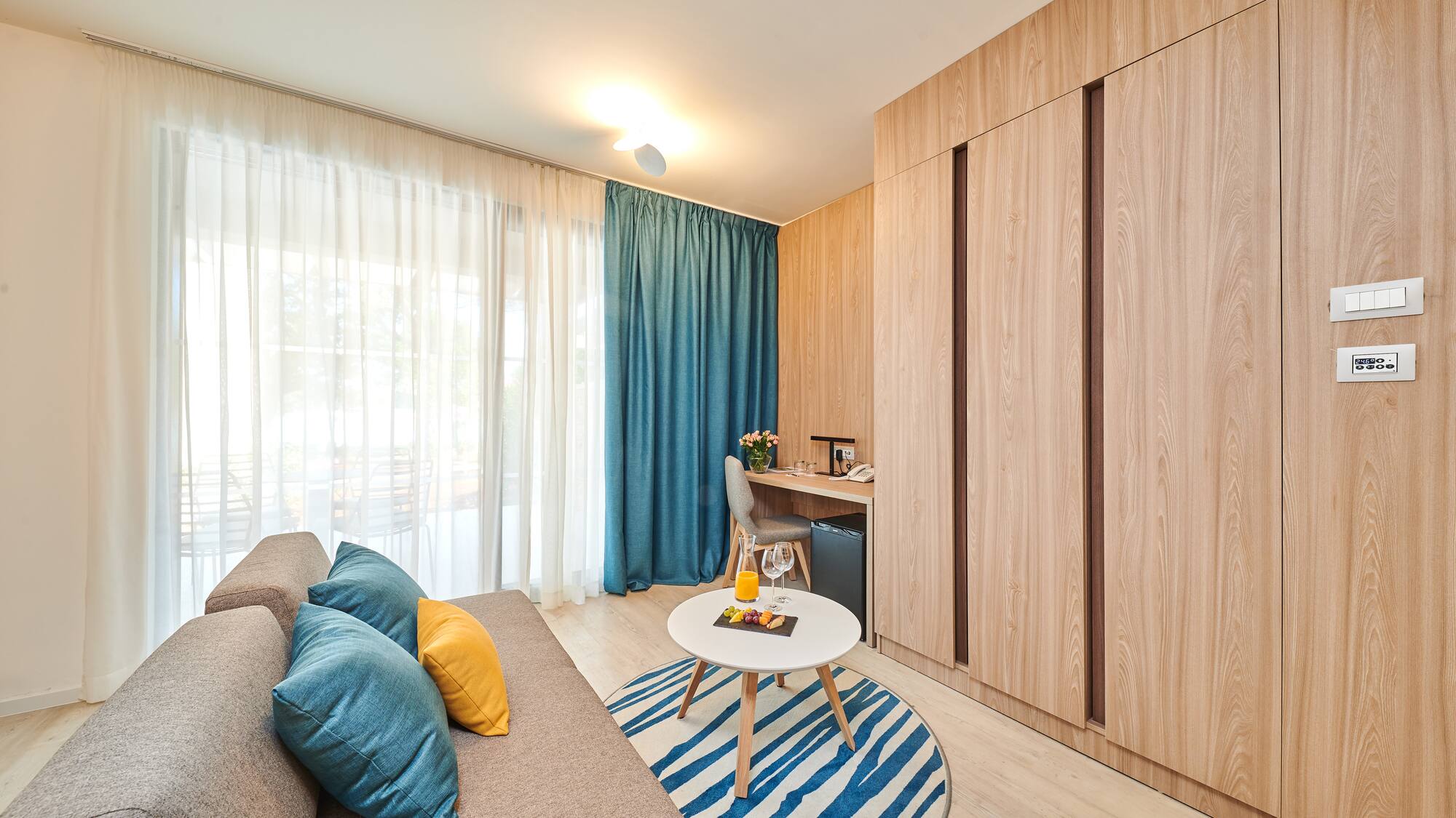 a room with a couch and a table