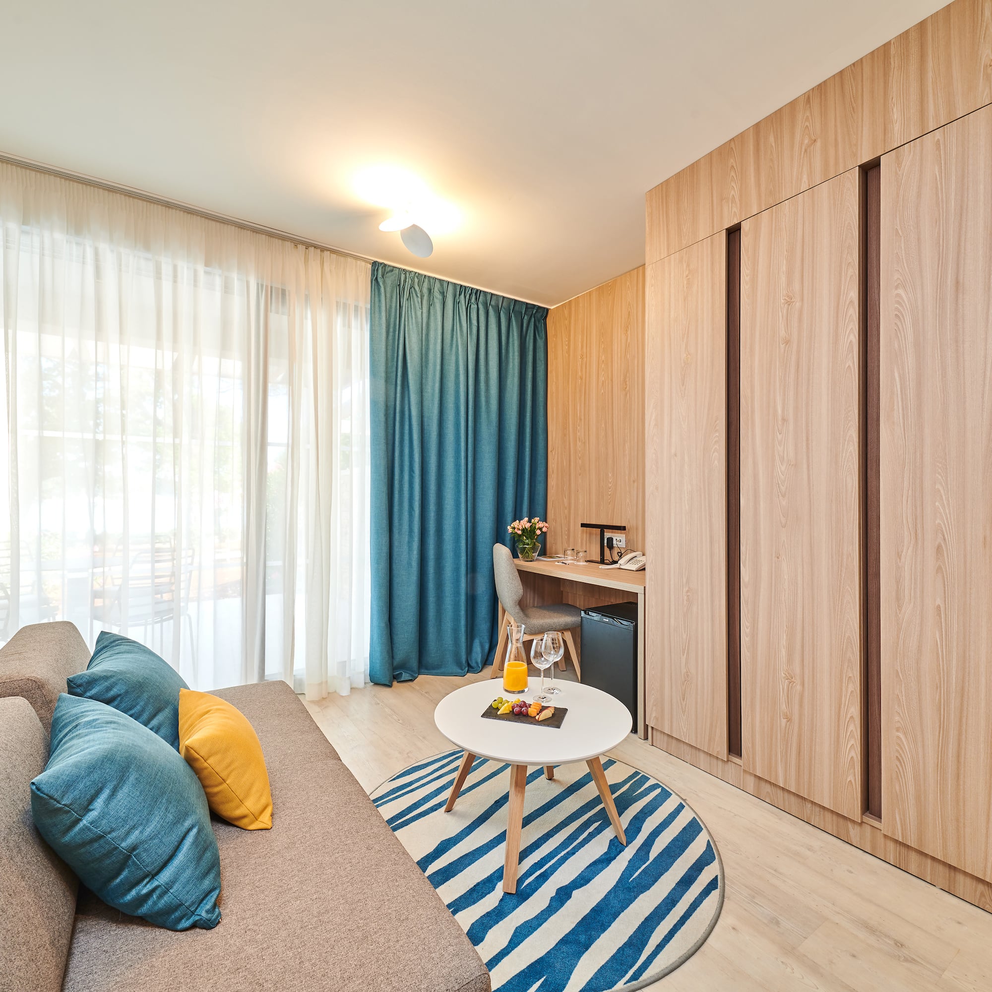 a room with a couch and a table