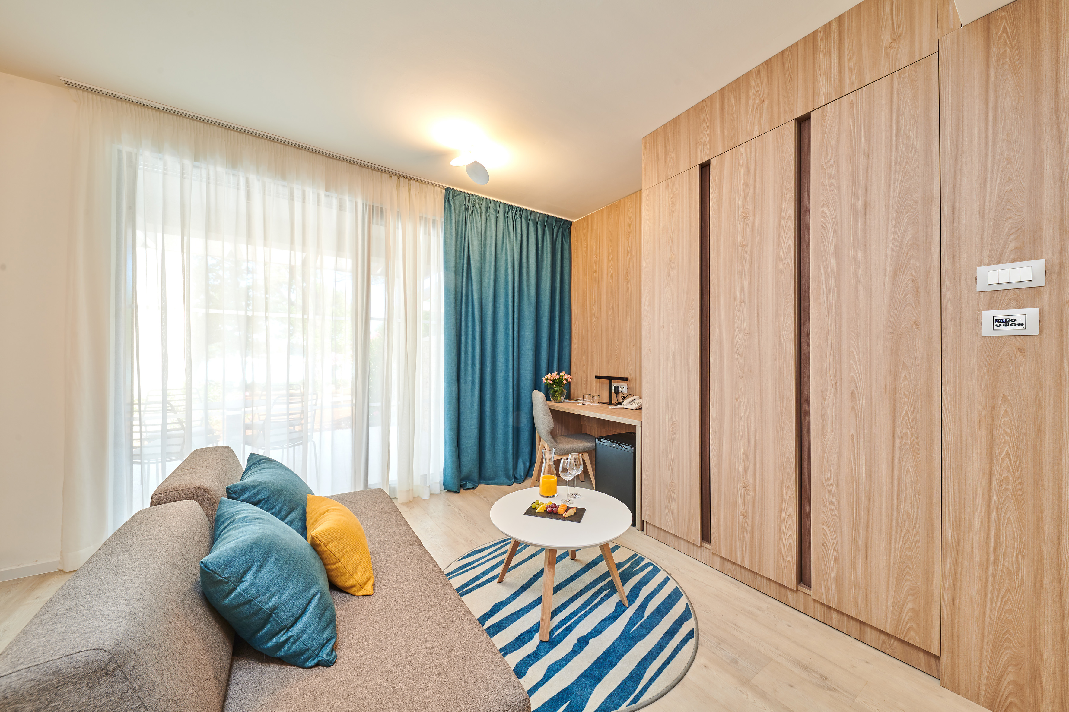 a room with a couch and a table