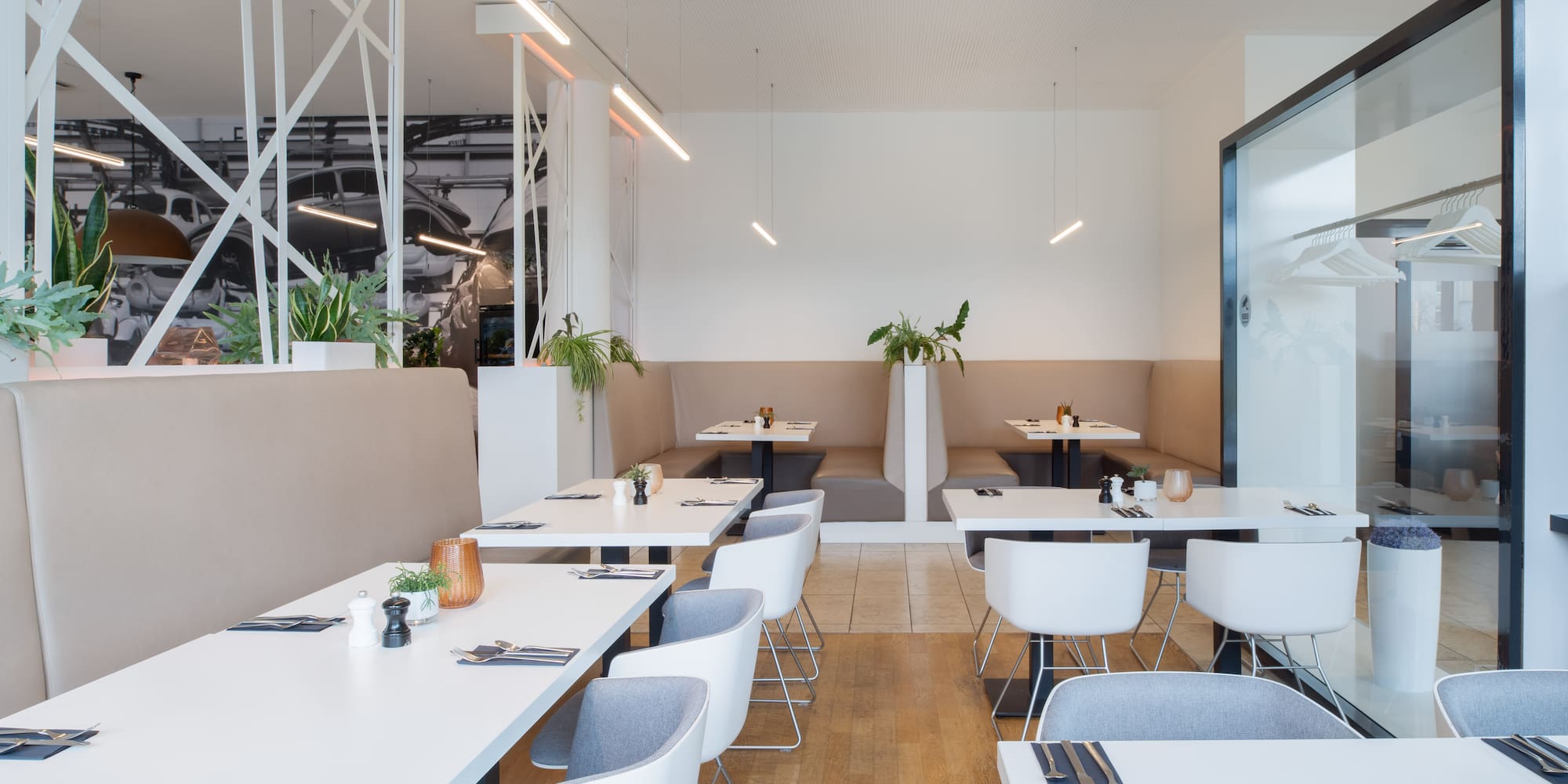 a room with tables and chairs