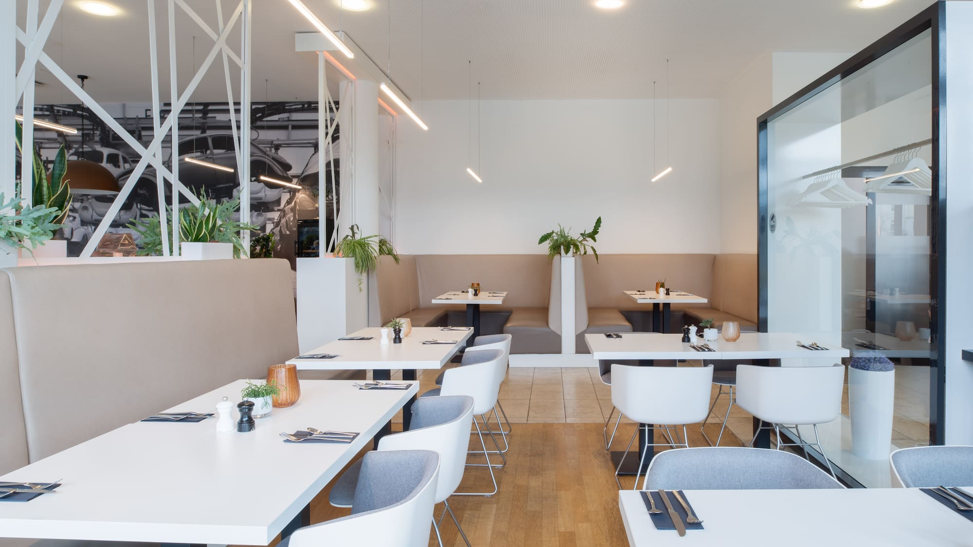 a room with tables and chairs