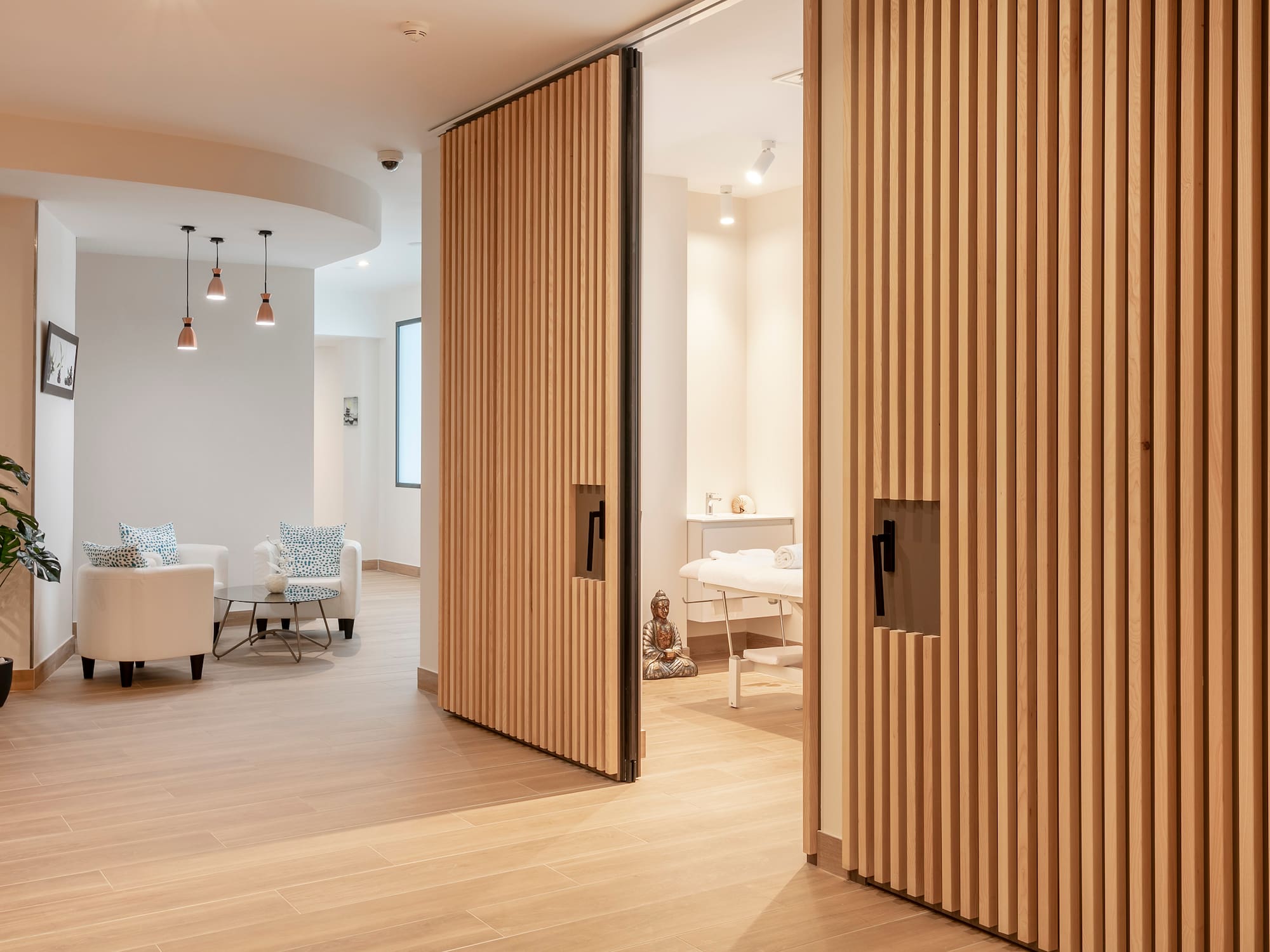 a room with a sliding door