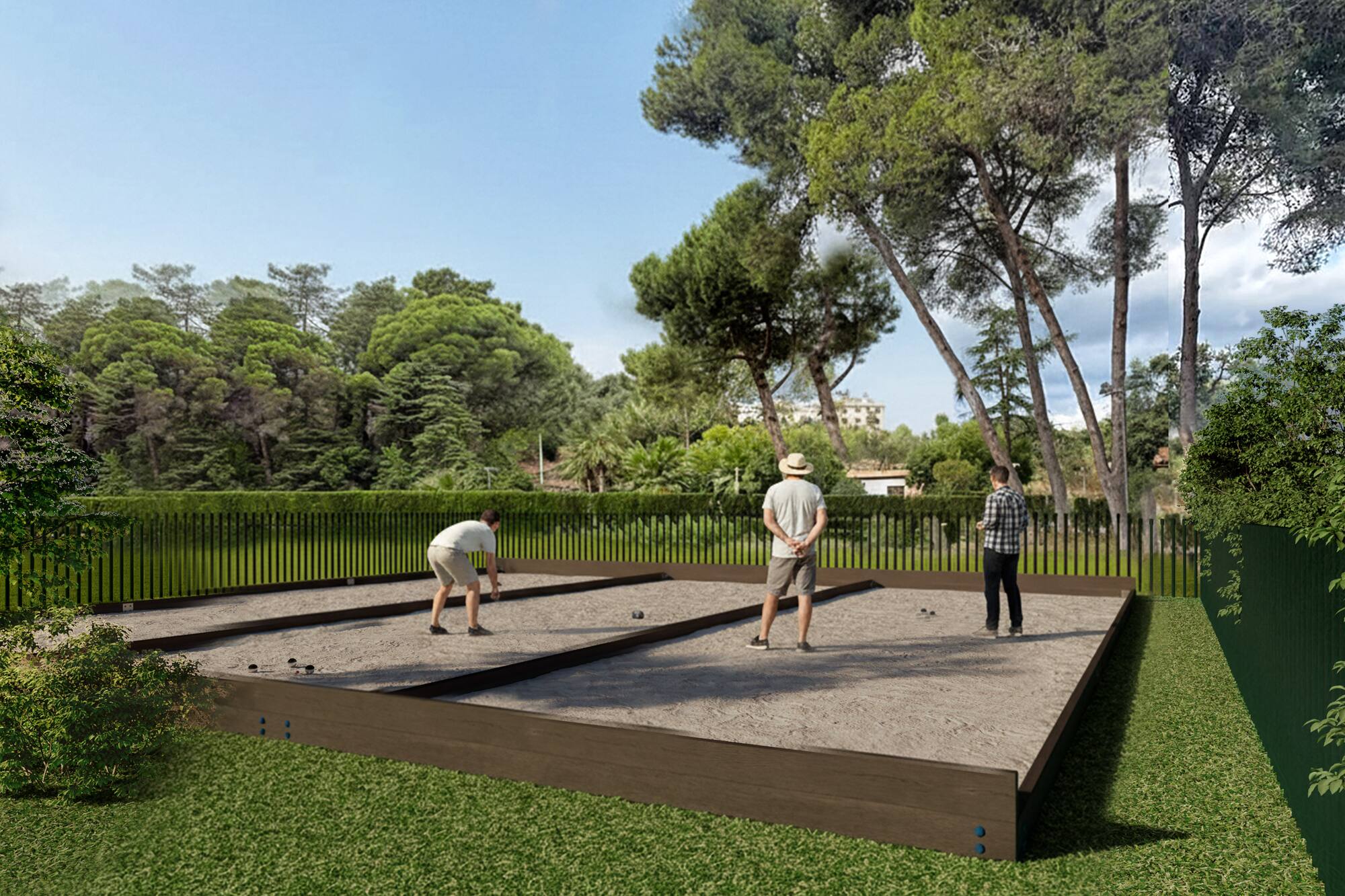 Men playing pétanque on an outdoor sand court with green landscaping.