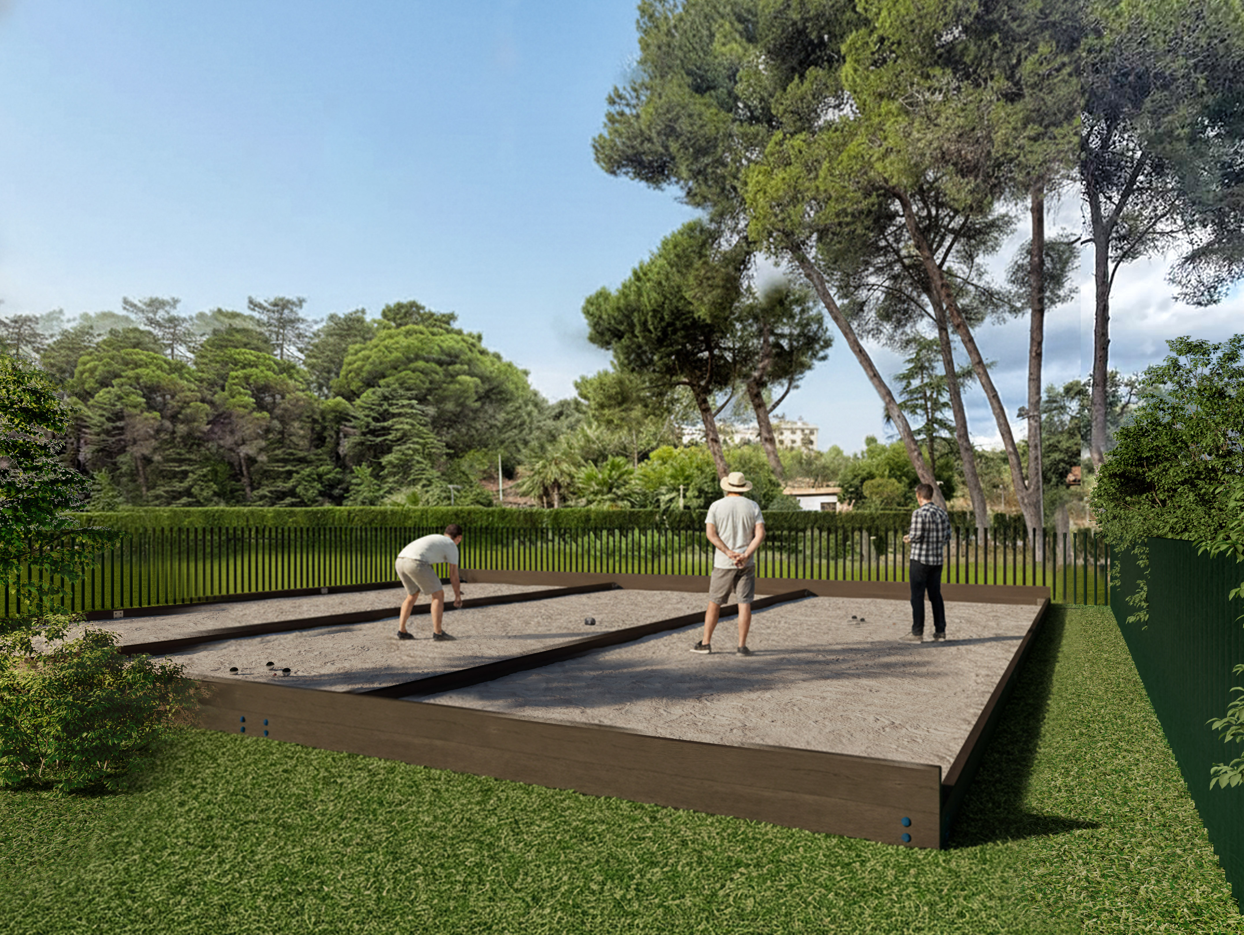Men playing pétanque on an outdoor sand court with green landscaping.
