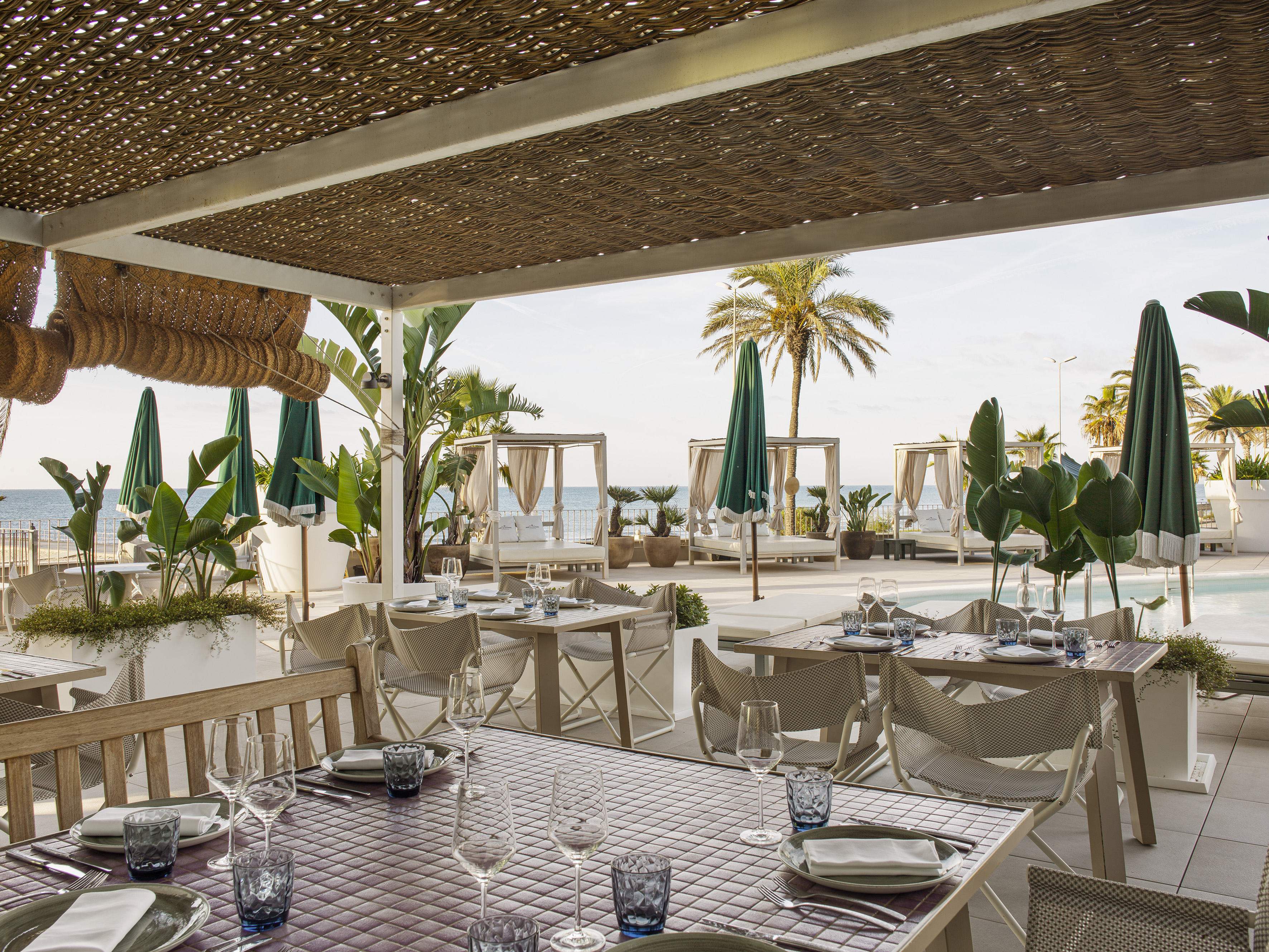 Beachfront restaurant terrace with set tables, woven canopy, palm trees, and ocean.