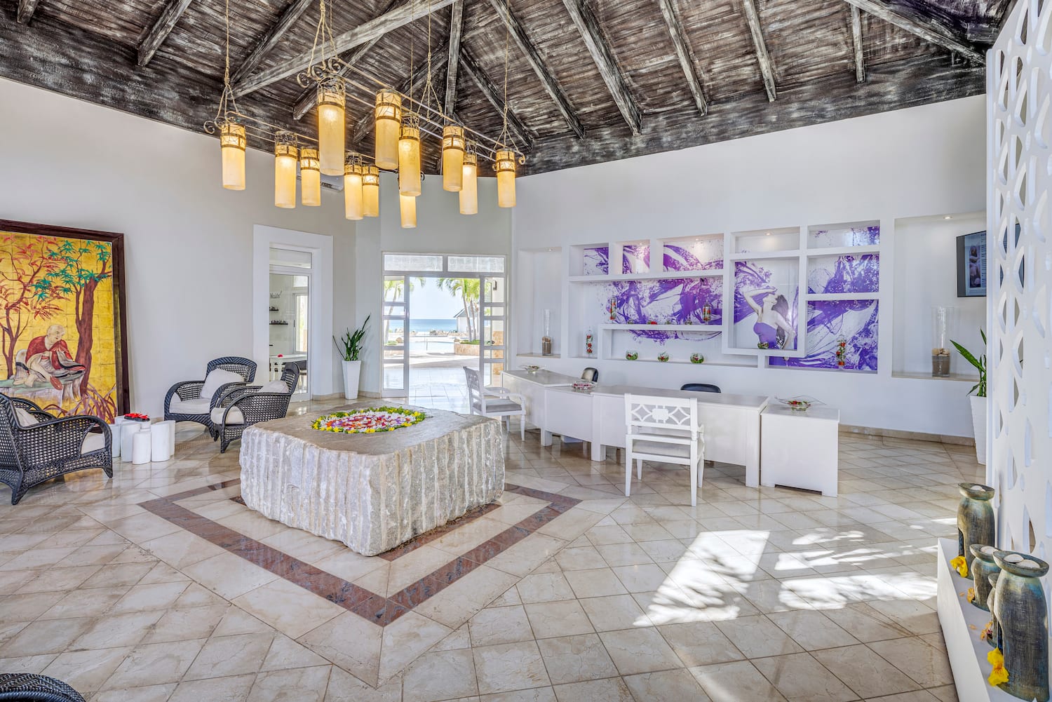 a room with a table and chairs