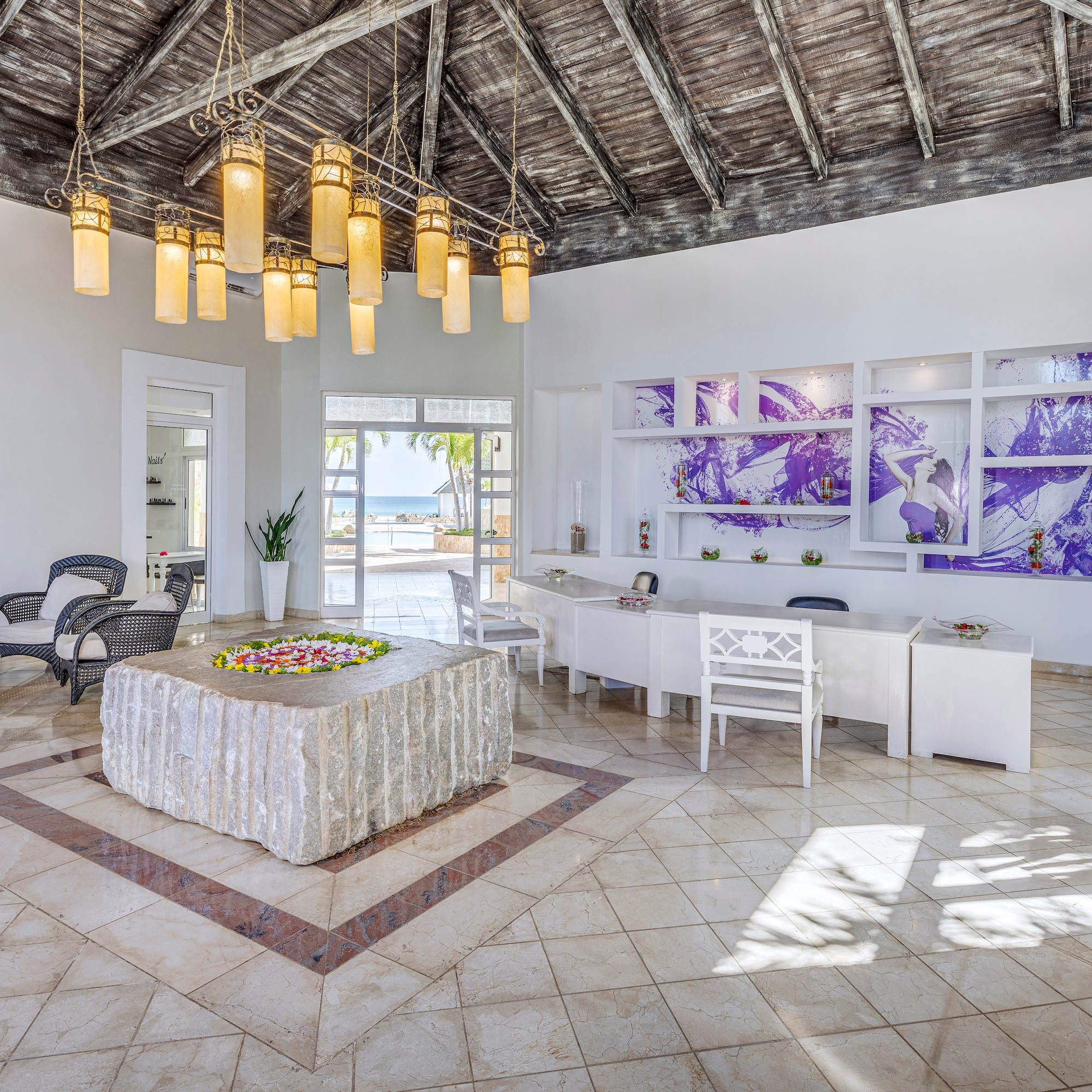 a room with a table and chairs