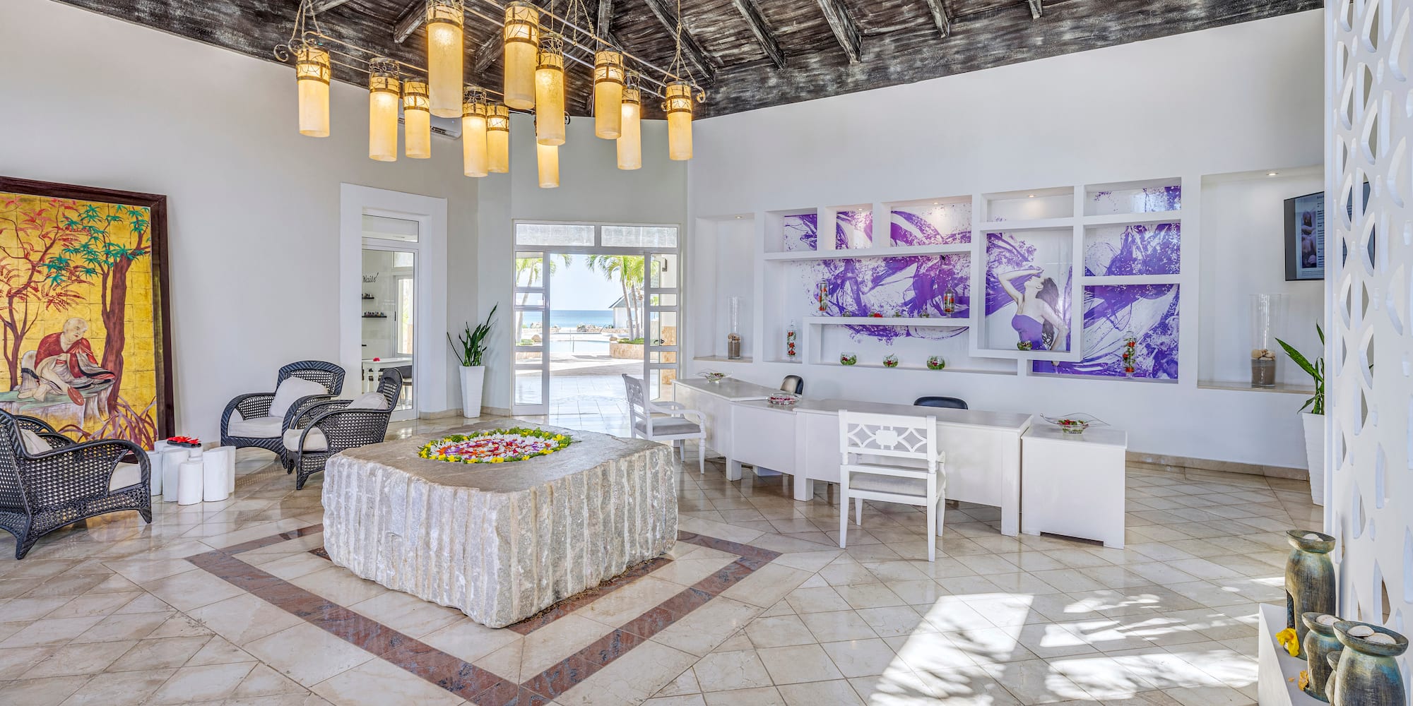 a room with a table and chairs