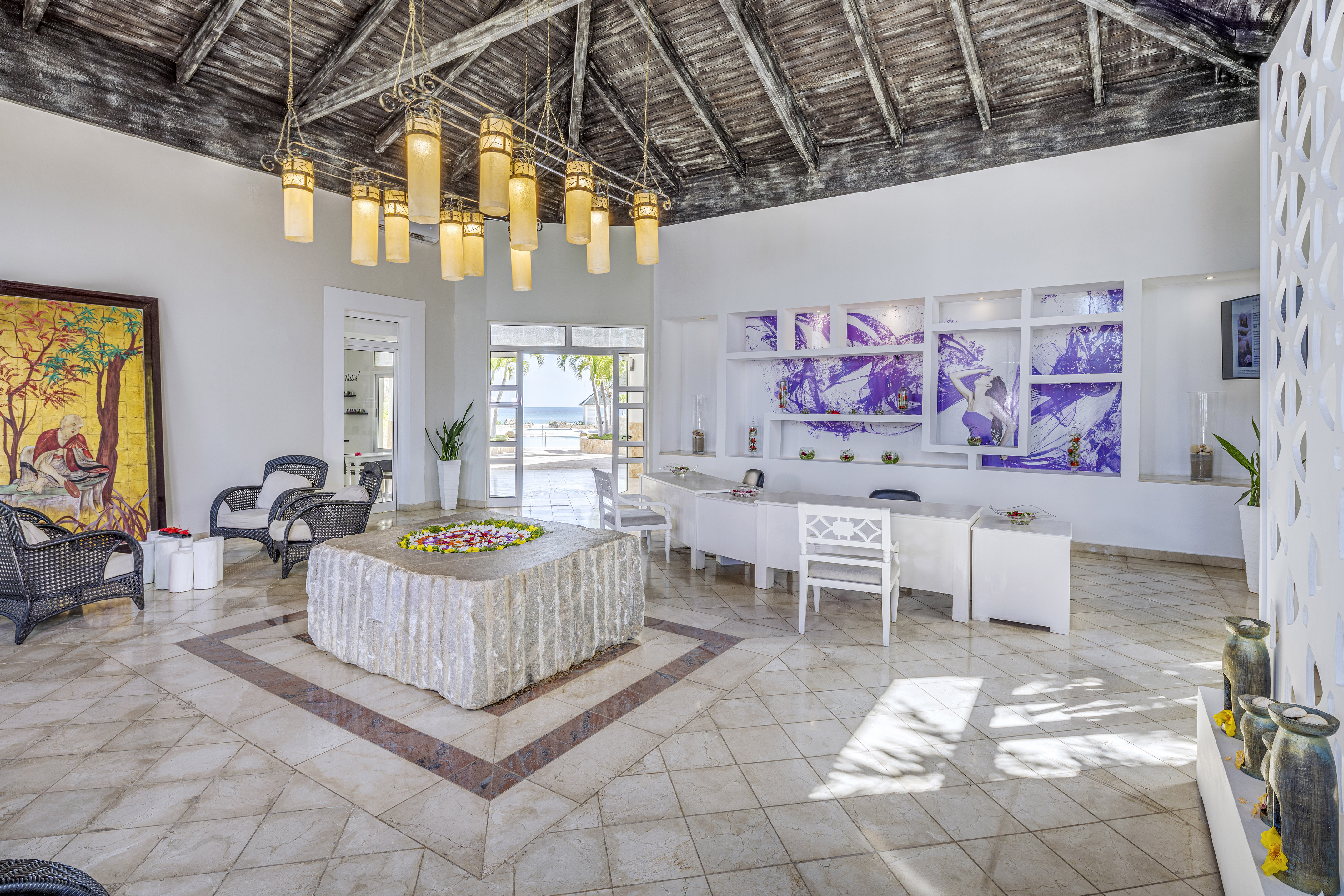 a room with a table and chairs