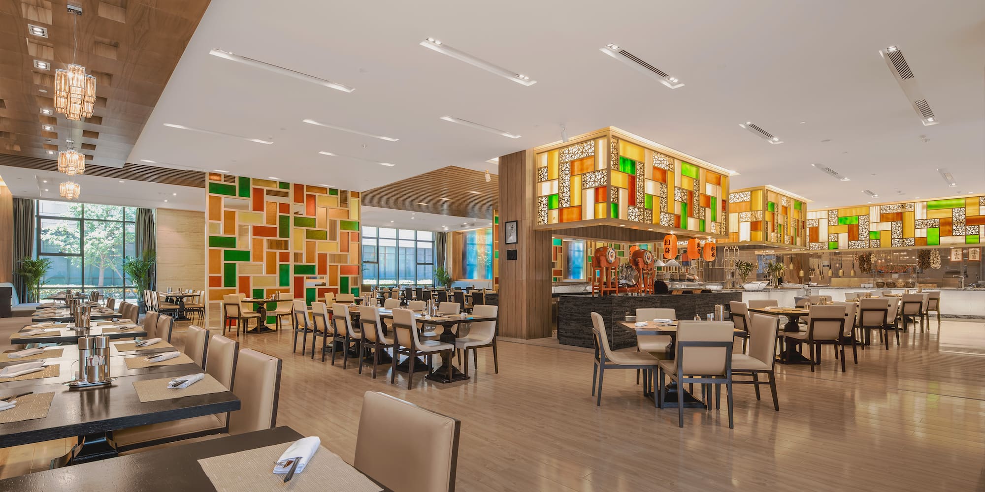 a restaurant with tables and chairs