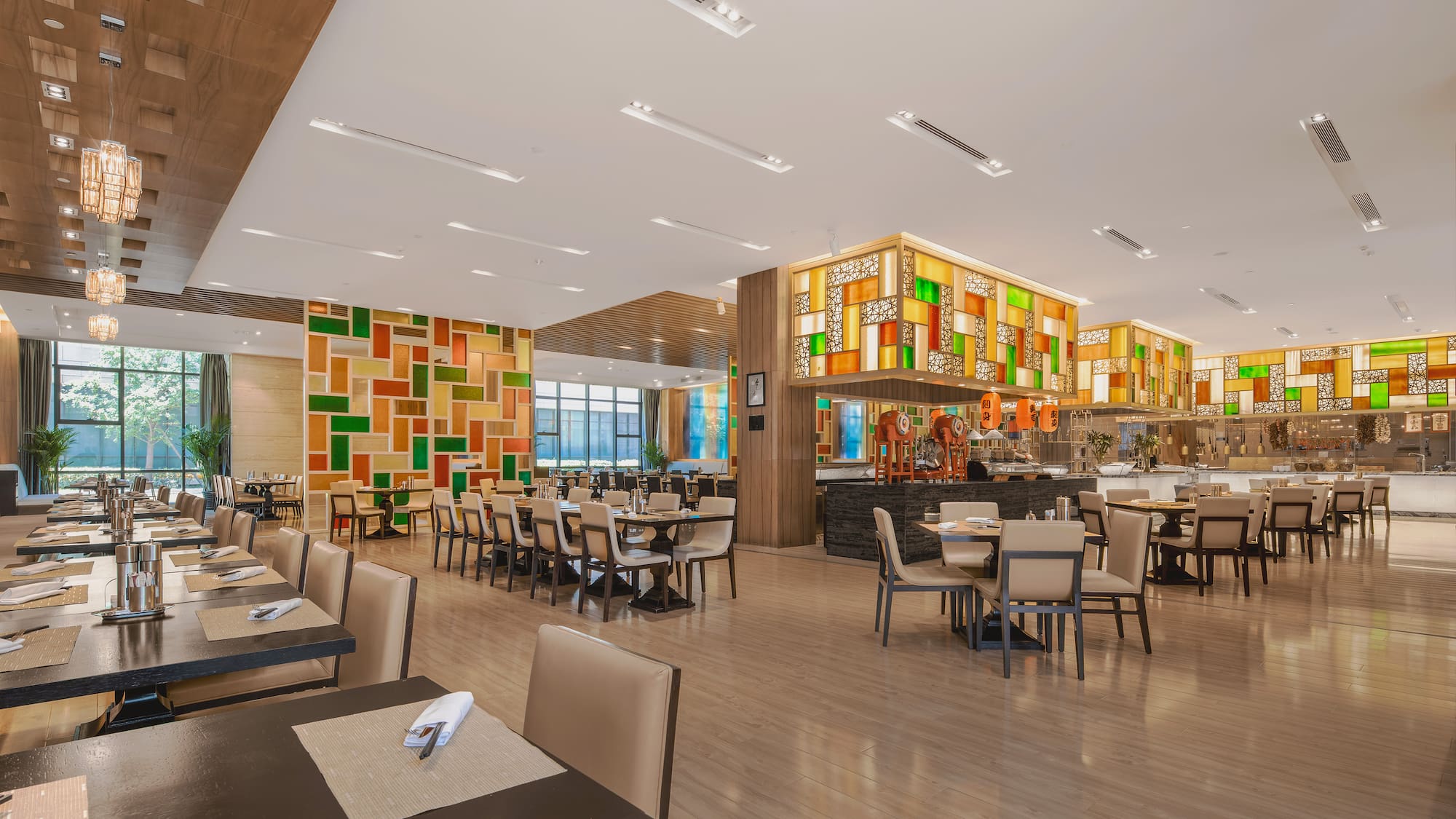 a restaurant with tables and chairs