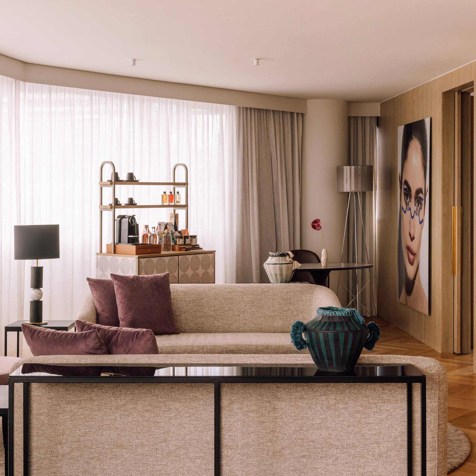 a living room with a couch and a table